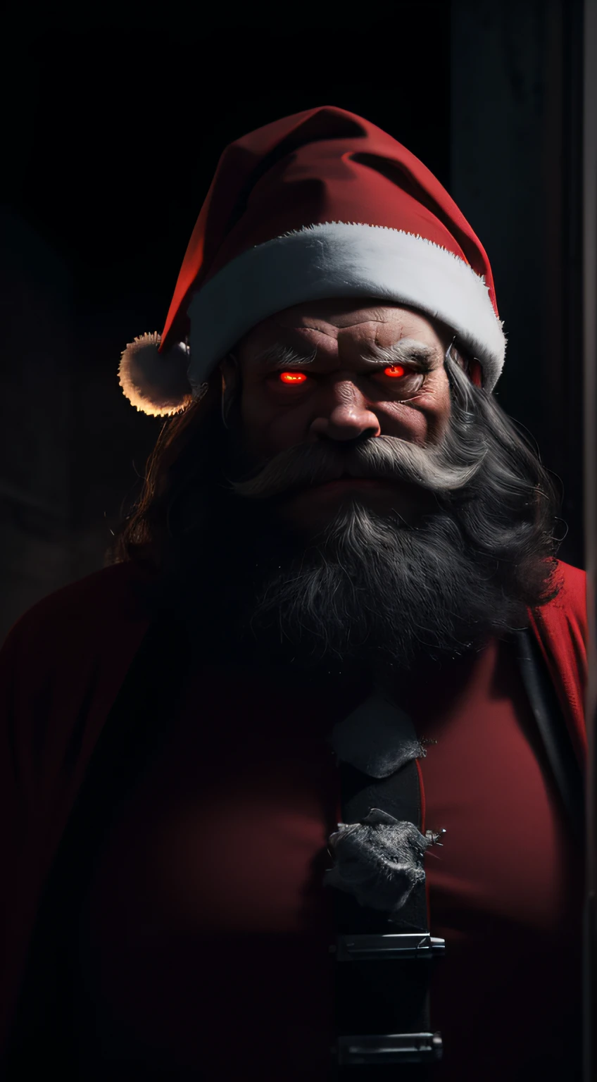 (evil Santa Claus, firearms, homemade flamethrower, portraits, dark color tones, dramatic lighting, best quality, ultra-detailed, horror, vivid colors, red eyes, menacing look, evil, eerie, killer)