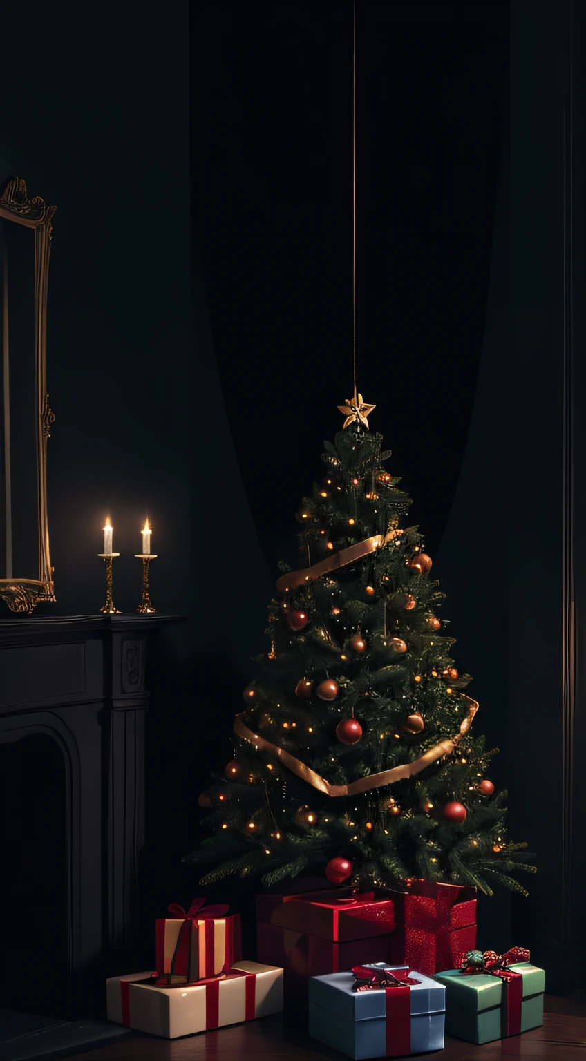 (realistic),Gifts under a Christmas tree,decorated tree,wrapped presents in dark wrapping,sparkling ornaments, lit tree, eerie atmosphere, dark colors, dark lighting,glimmering lights, anticipation