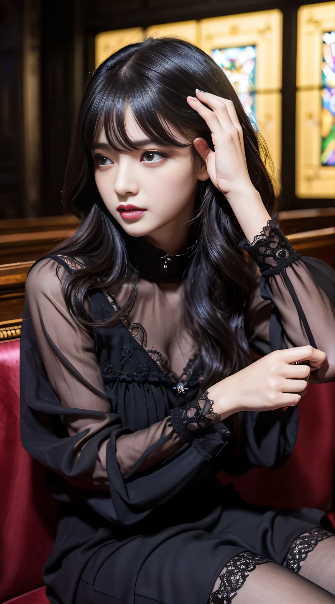LTRA Details、Fascinating beauty、Dainty woman、Cool Girl、Wavy Hair、Black chiffon dress、Wide sleeves、flered skirt、Black pantyhose、Evil Female Executive、Evil Fall、brainwash、lacy fabric、Glossy legs、black lipstick、wickedな表情、Suspicious look、Hollow eyes、wicked、Reaching out、Arms up、In the Church、Palm forward、drink purple drink、Pendants、Two Women、brainwashing device