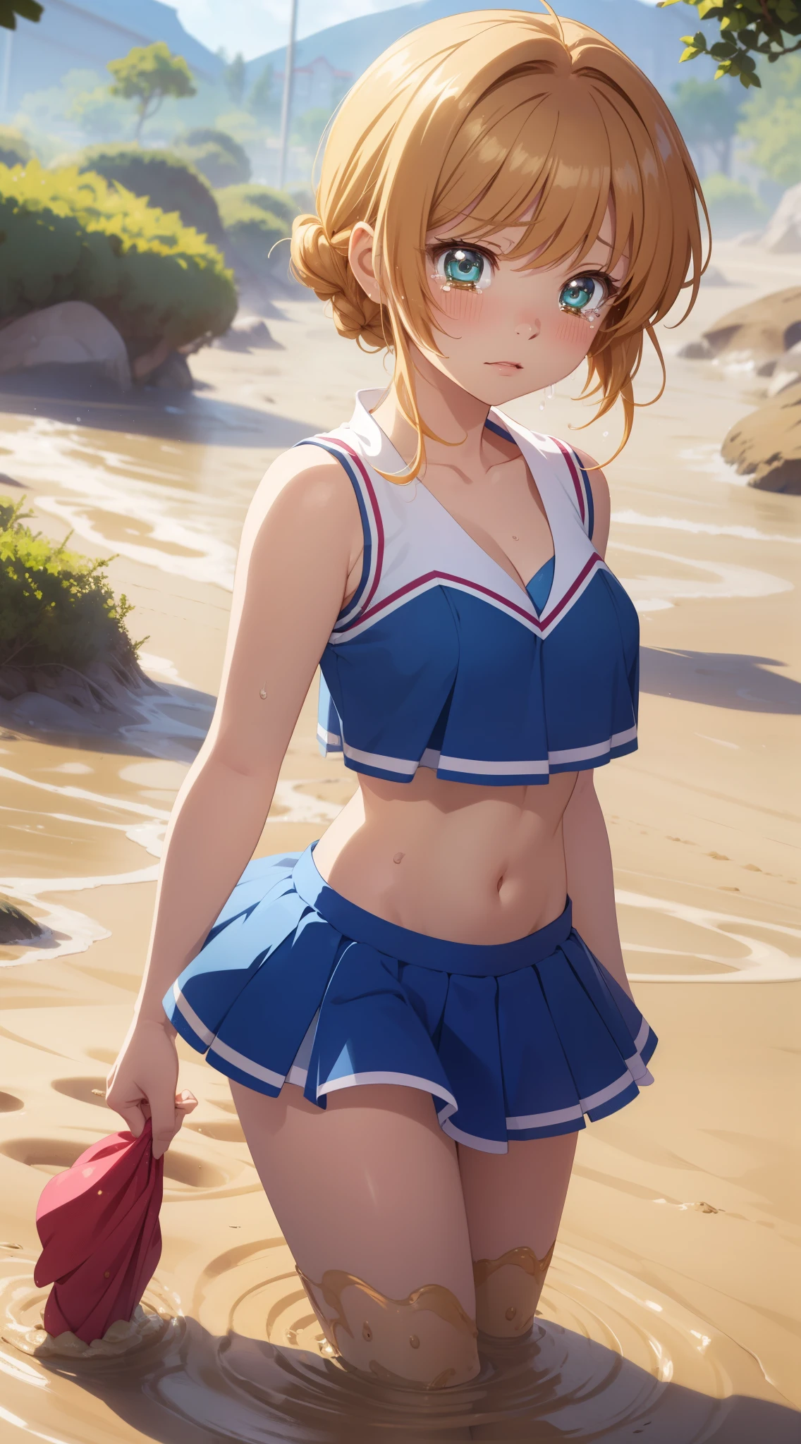 masterpiece, best quality, highres, perfect pixel, depth of field, 1girl, single, solo, beautiful anime girl, beautiful artstyle, (detailed face), (blush), anime CG style, (medium breasts), good lighting, perfect body, lips parted, (sakura kinomoto), glossy lips, cheerleader, cleavage, midriff, (tears:1.2), (quicksand:1.3)