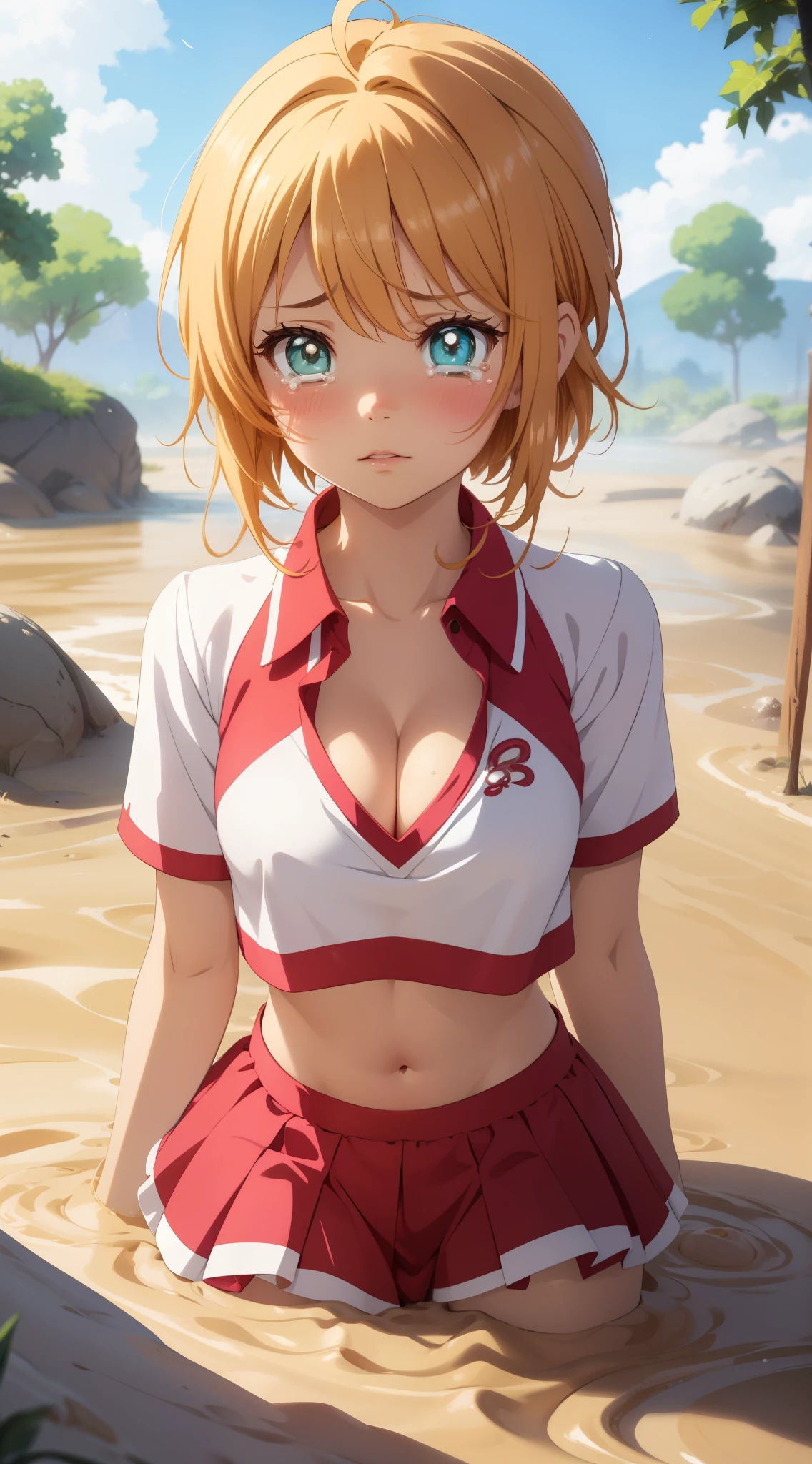 masterpiece, best quality, highres, perfect pixel, depth of field, 1girl, single, solo, beautiful anime girl, beautiful artstyle, (detailed face), (blush), anime CG style, (medium breasts), good lighting, perfect body, lips parted, (sakura kinomoto), glossy lips, cheerleader, cleavage, midriff, (tears:1.2), (quicksand:1.3)