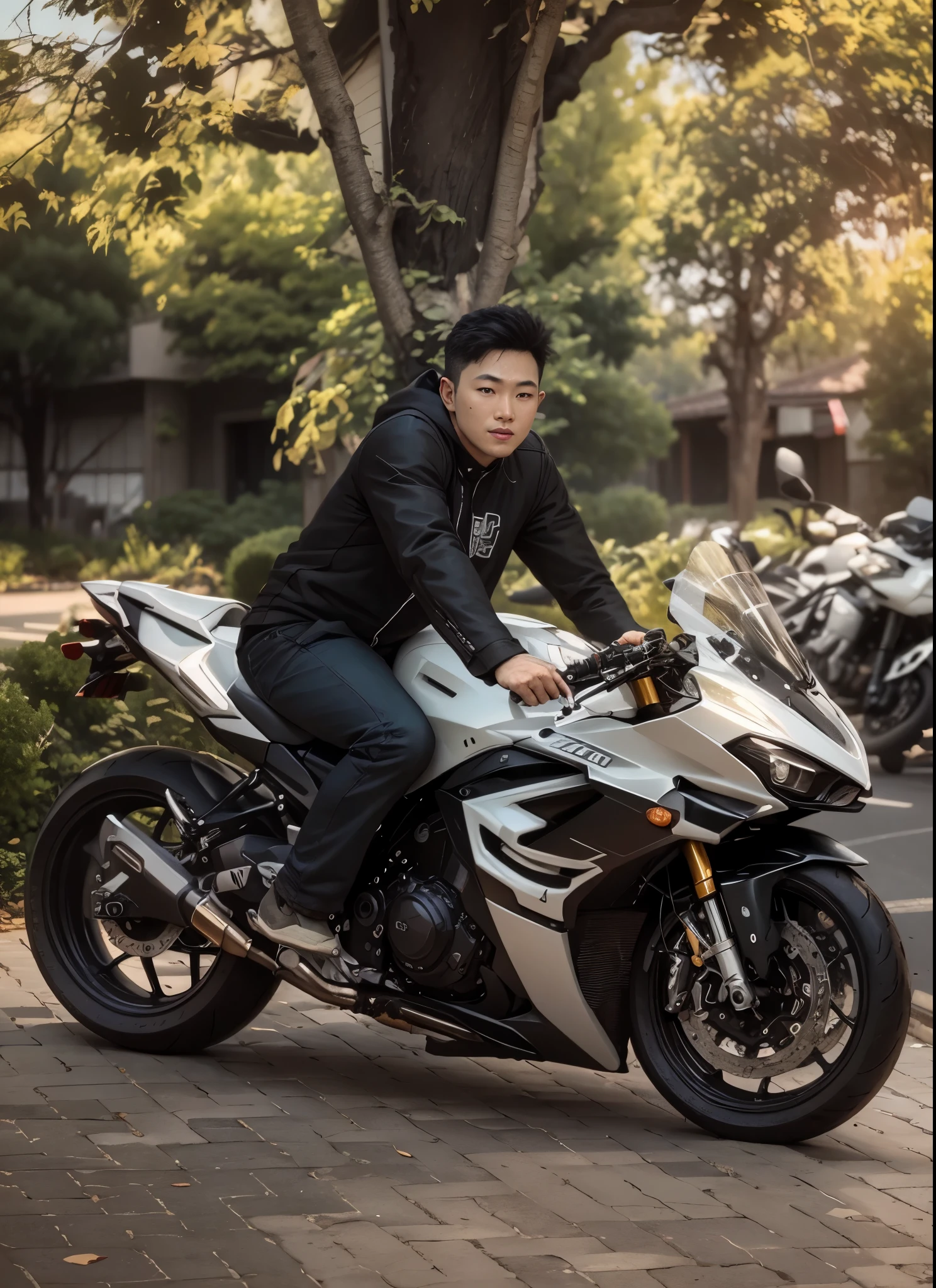 there is a korea boy, detail face, realistis face, that is sitting on a motorcycle on the street, motorbiker, biker, shot on canon eos r 5, shot on canon eos r5, riding a motorbike, taken with sony alpha 9, taken with canon 8 0 d, taken with sony a7r camera, sitting on a motorcycle, full protrait, riding a motorcycle
