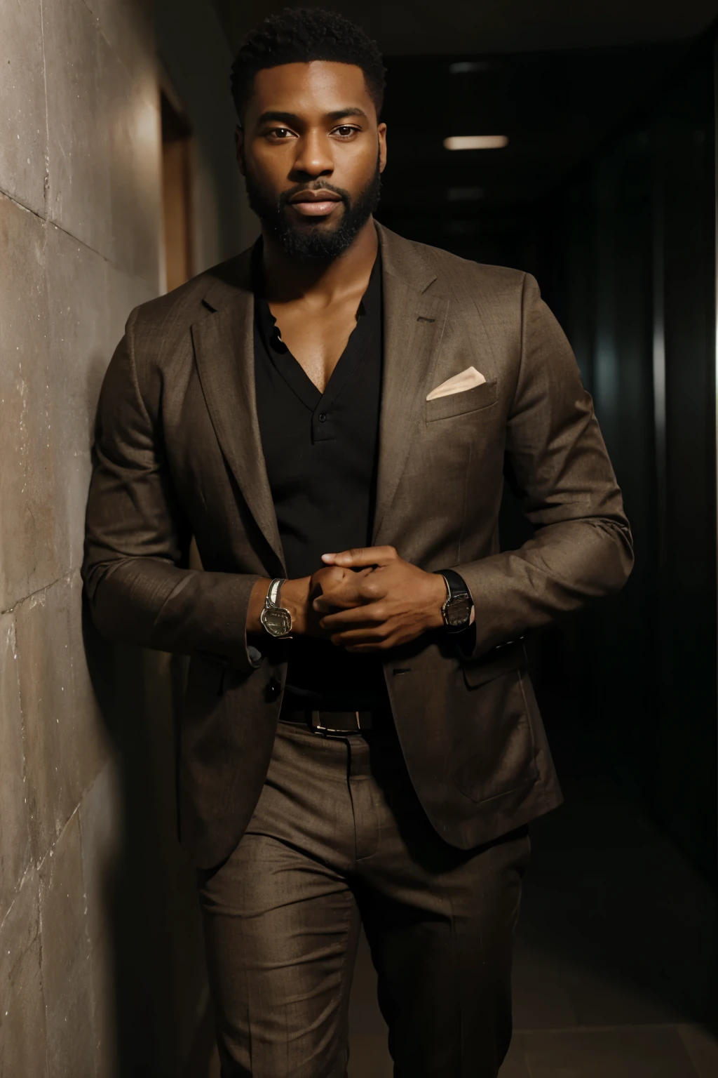 a black man in his forties standing diagonally across his body with a beard and short hair, wearing an elegant blazer and brown pants, wearing a watch and holding his hands together, full body, Photorealistic, ultrarealistic, octane, render, HDR, 8k --v 5