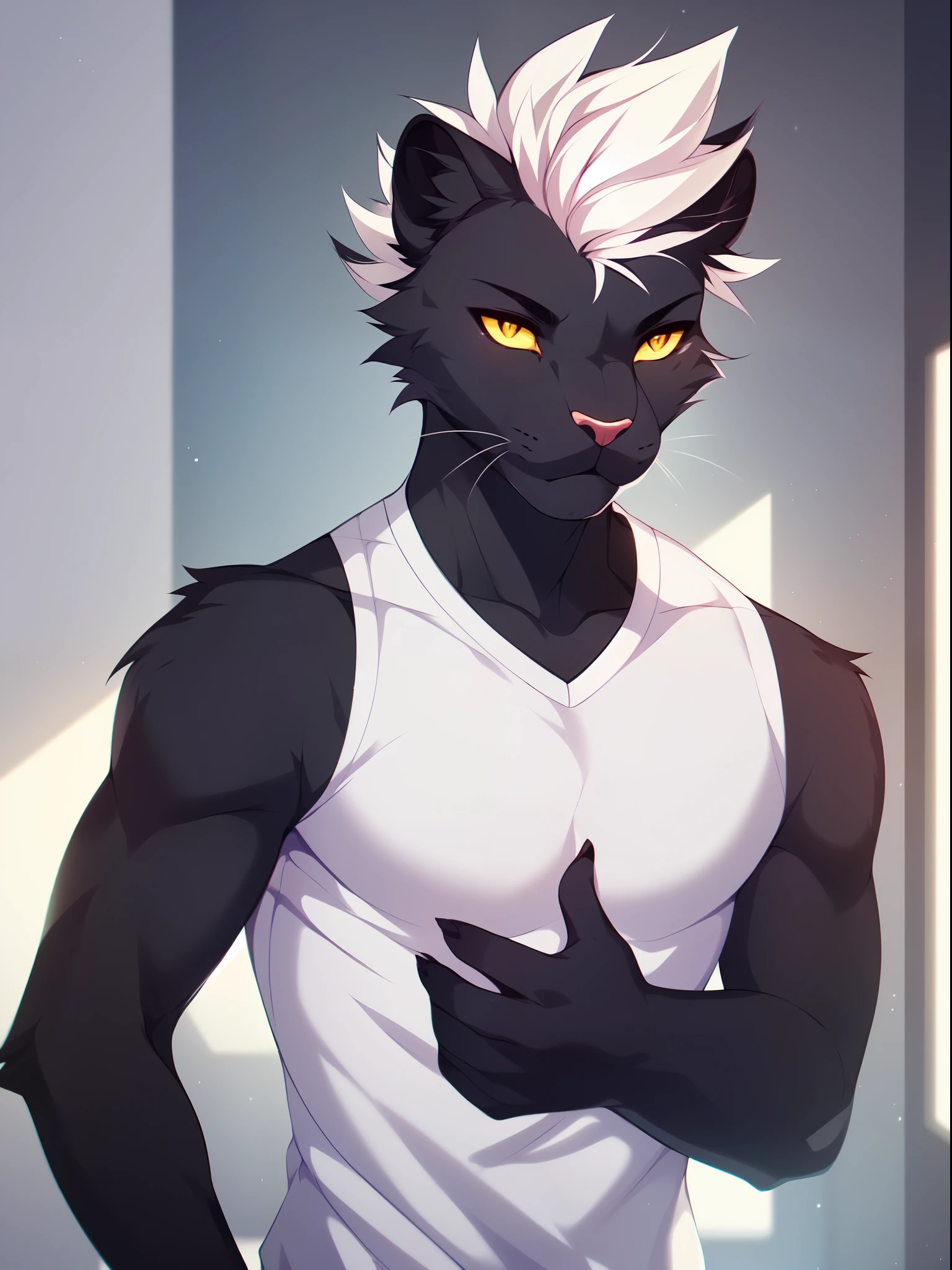 Solo, male, a cute grey anthro furry panther boy, a single panther tail, muscular, white spiky faux hawk hair, yellow eyes, by fumiko, by hyattlen, by hioshiru, indoors, tight white shirt, standing, close up, portrait
