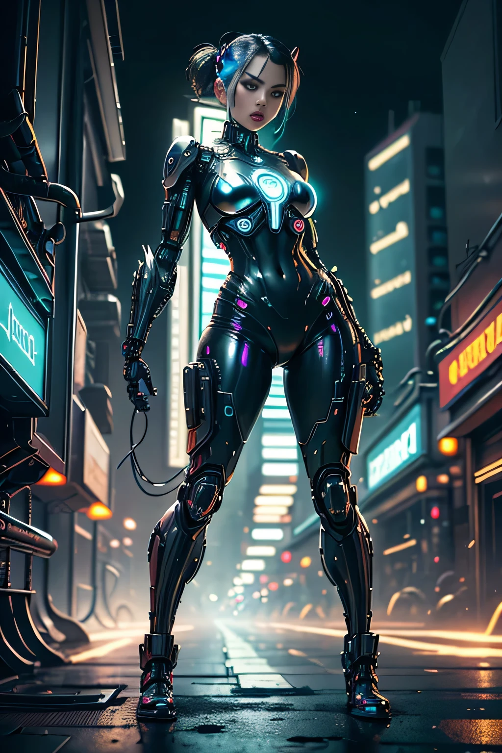 Cyberwoman hole in cyberpunk futuristic city々and cyberpunk women, with a full body on display, is depicted in a futuristic cyberpunk city. His eyes sparkle with intense neon, reflecting the cityscape filled with dystopian skyscrapers, holographic advertisements and flying vehicles amid a night sky lit by vibrant neons. The cybernetic woman sports a shiny metallic skin, covered in intricate cybernetic details and circuit tattoos. His posture is confident、Challenging