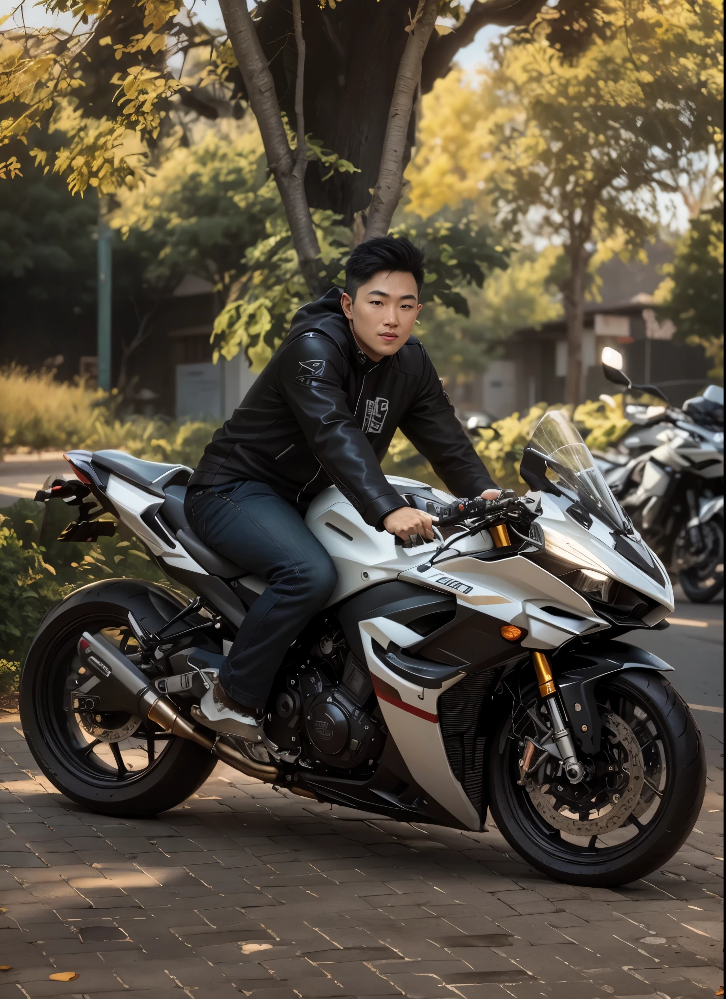 there is a korea boy, detail face, realistis face, that is sitting on a motorcycle on the street, motorbiker, biker, shot on canon eos r 5, shot on canon eos r5, riding a motorbike, taken with sony alpha 9, taken with canon 8 0 d, taken with sony a7r camera, sitting on a motorcycle, full protrait, riding a motorcycle