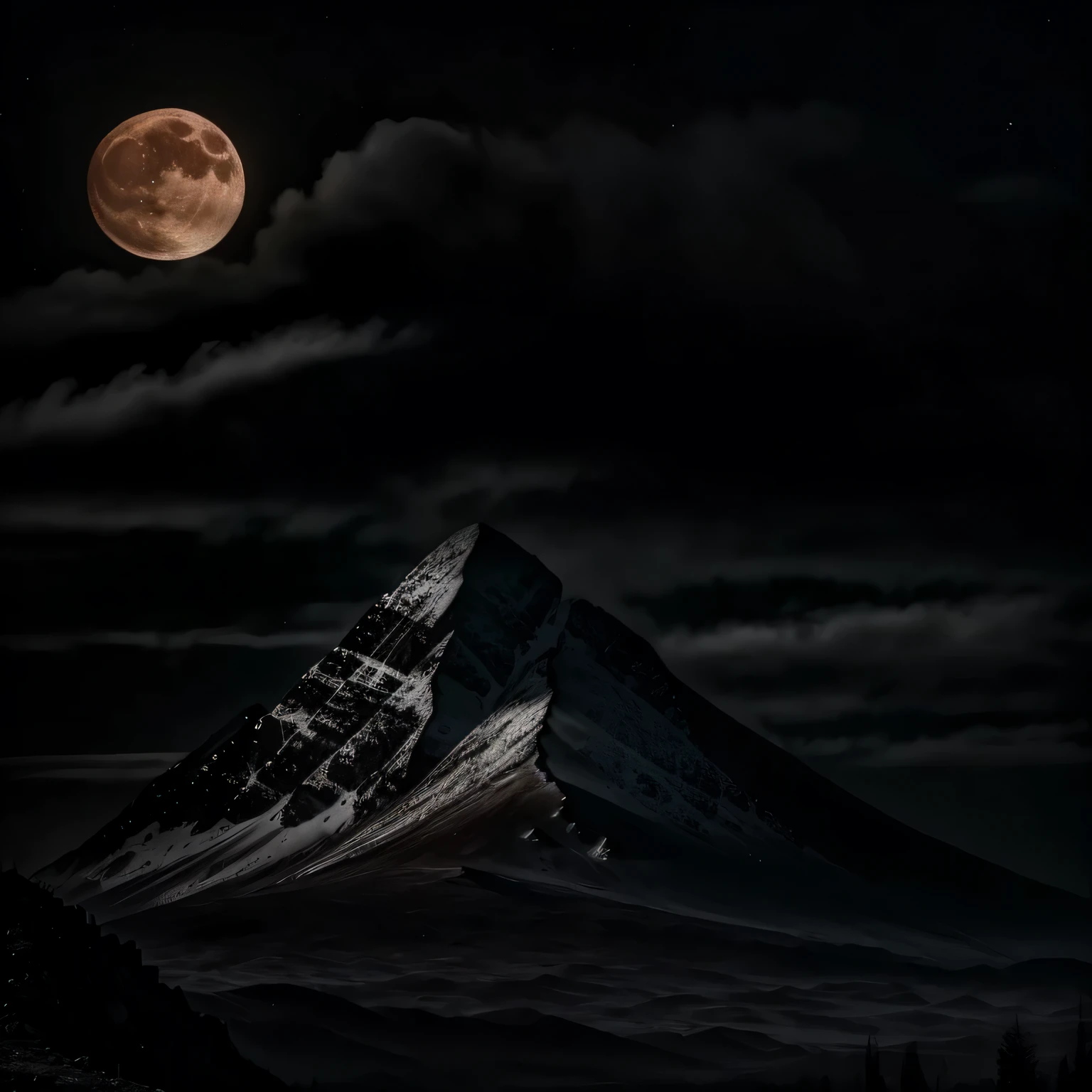 bare mountain, realistic, high quality, sharpness, dark atmosphere, gothic, hysterical, giant moon,