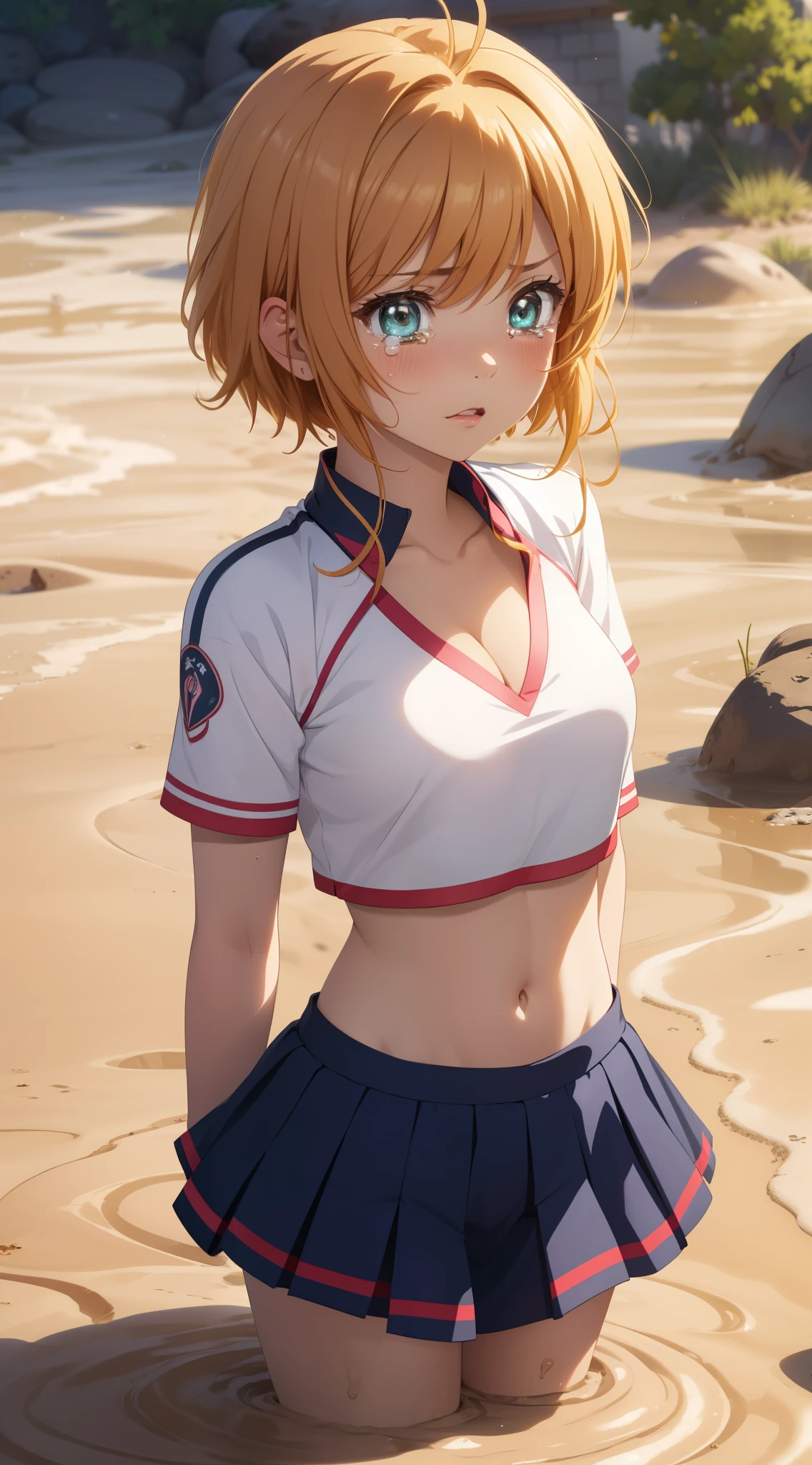 masterpiece, best quality, highres, perfect pixel, depth of field, 1girl, single, solo, beautiful anime girl, beautiful artstyle, (detailed face), (blush), anime CG style, (medium breasts), good lighting, perfect body, lips parted, (sakura kinomoto), glossy lips, cheerleader, cleavage, midriff, (tears:1.2), (quicksand:1.3)