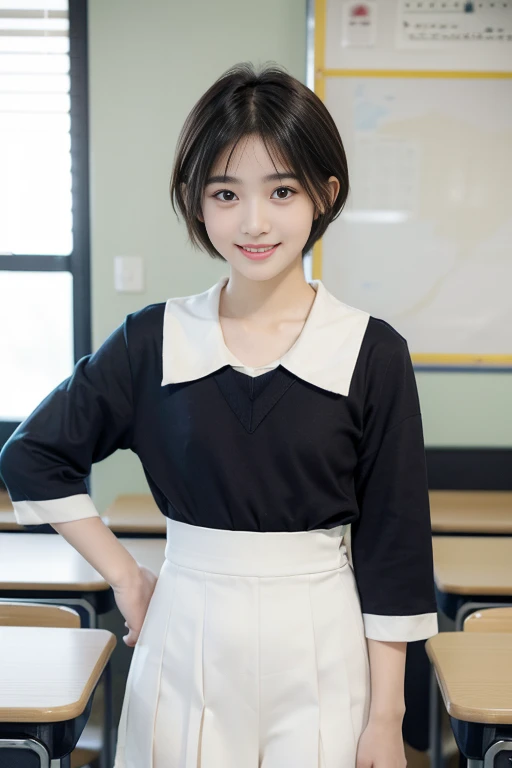 (((masterpiece))), (One beautiful Japan girl, classmates, landscape and innocence,kawaii) ,超A high resolution, Realistic, ultra-detailliert, 8K,top-quality, Extremely detailed, Detailed background,A slender,very beautiful japanese girl, Detailed face:1.3), (Boyish short-haired,A dark-haired :1.4), (a ,kawaii系,adorable 14 year oPerfect body:1.1), Japan schoolgirl uniform,Navy blue sailor suit, Henyo Henyo smile, show me your beautiful teeth,Super Detailed Face、detailed lips、A detailed eye、small gravure idol,Transparent skin、Holding a textbook,In the classroom