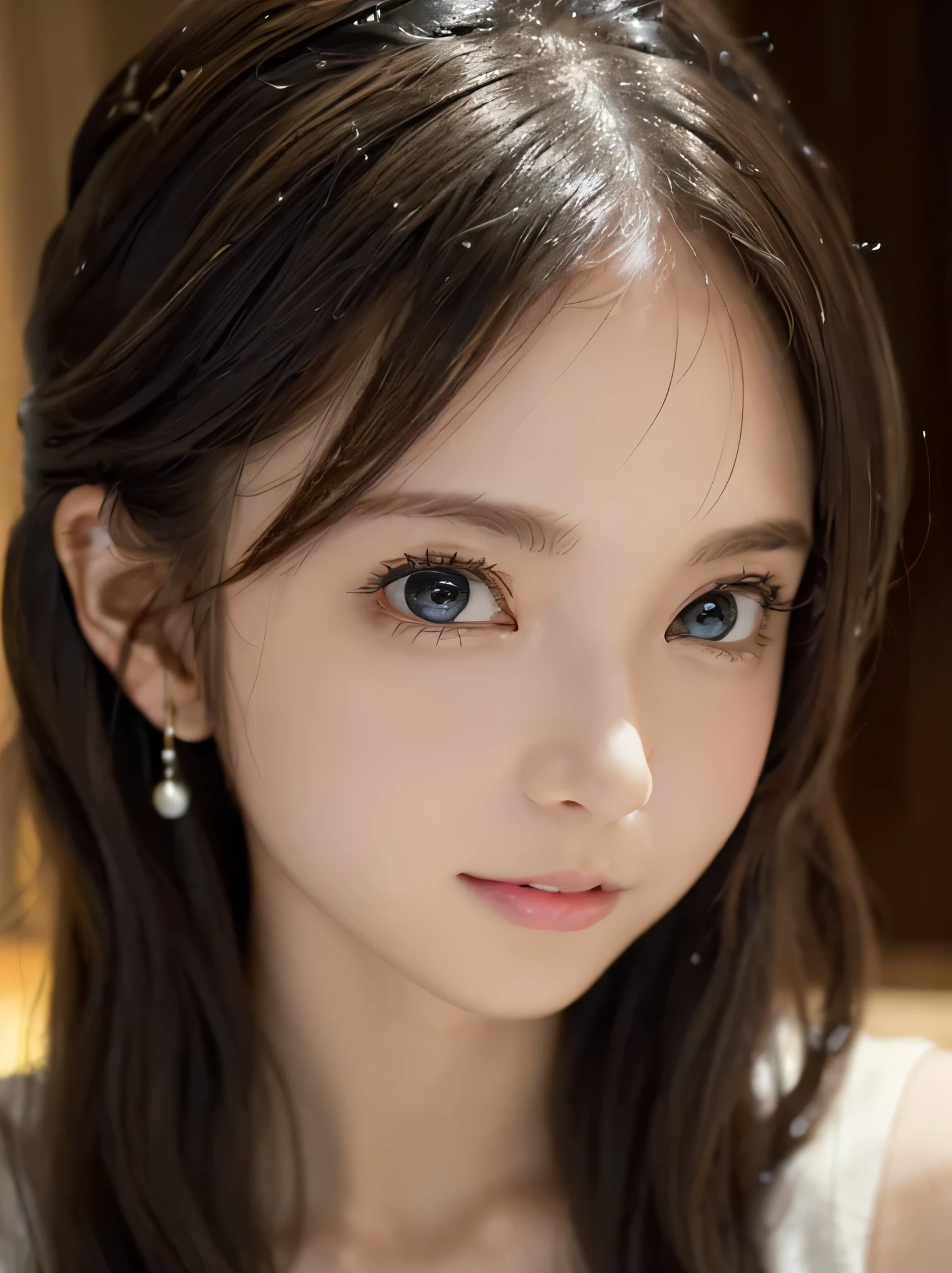 (You can see both sides:1.6)、(from the chest up:1.6)、A smile、Close-up portrait of a woman wearing white sleeveless top dress and earrings, soft portrait shot 8 k, lovely delicate face, high-quality 4k portrait, high quality portrait, soft flawless pale skin, 8K highly detailed face, Beautiful delicate face, beautiful light big eyes, beautiful and realistic faces, beautiful young woman with, beautiful and realistic faces, cute young woman