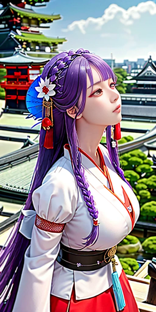 Unreal Engine 5 Realistic Rendering, ((portrait:1.2)), RaidenShogun, detailed clothes, white clothes, blunt bangs, braid, (huge breasts:1.1), cleavage, wide-sleeved kimono, hair ornament, white japanese clothes, (red obi:1.4), (purple hair:1.4), very long hair, straight hair, detailed face, cool face, (smooth chin:0.85), closed mouth, long eyelashes, sharp eyes, looking at viewer, beautiful eyes, detailed eyes, thick eyebrows, red eyeshadow, symmetry eyes, (ulzzang-6500:0.7), skirt, (from below:1.1), (kyoto castle:1.4), full figure, (rooftop:1.5), (star \(sky\):1.hoton mapping, physically-based rendering, RAW photo, highly detailed background, high res, perspective, beautiful face, top body is hyper realistic thicc muscle and hyper largest_breasts!! with the type of boobelons, lower is huge buttocks, wet shiny body