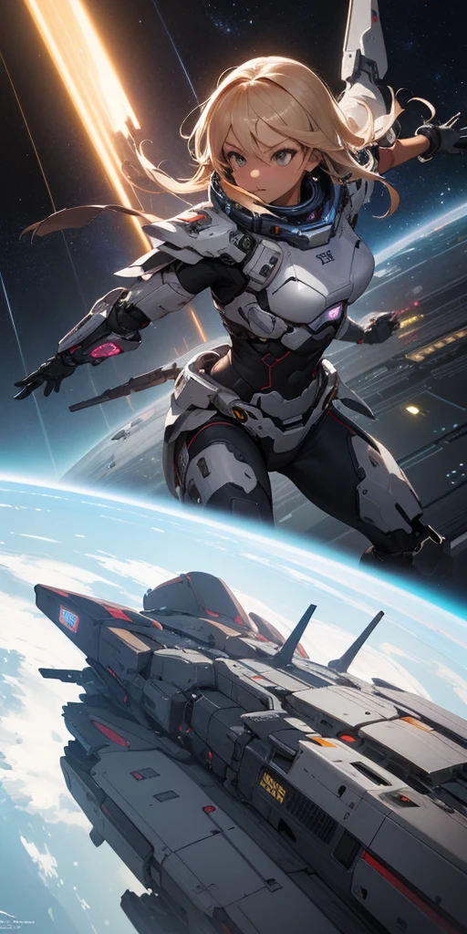 modelshoot of middle school girl, black gyaru (tanned skin), scifi battle armour, fighting pose, futuristic background, highly detailed, spaceships in background