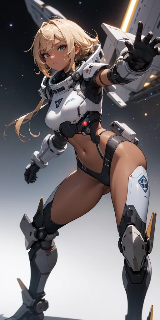 modelshoot of middle school girl, black gyaru (tanned skin), scifi battle armour, fighting pose, futuristic background, highly detailed, spaceships in background