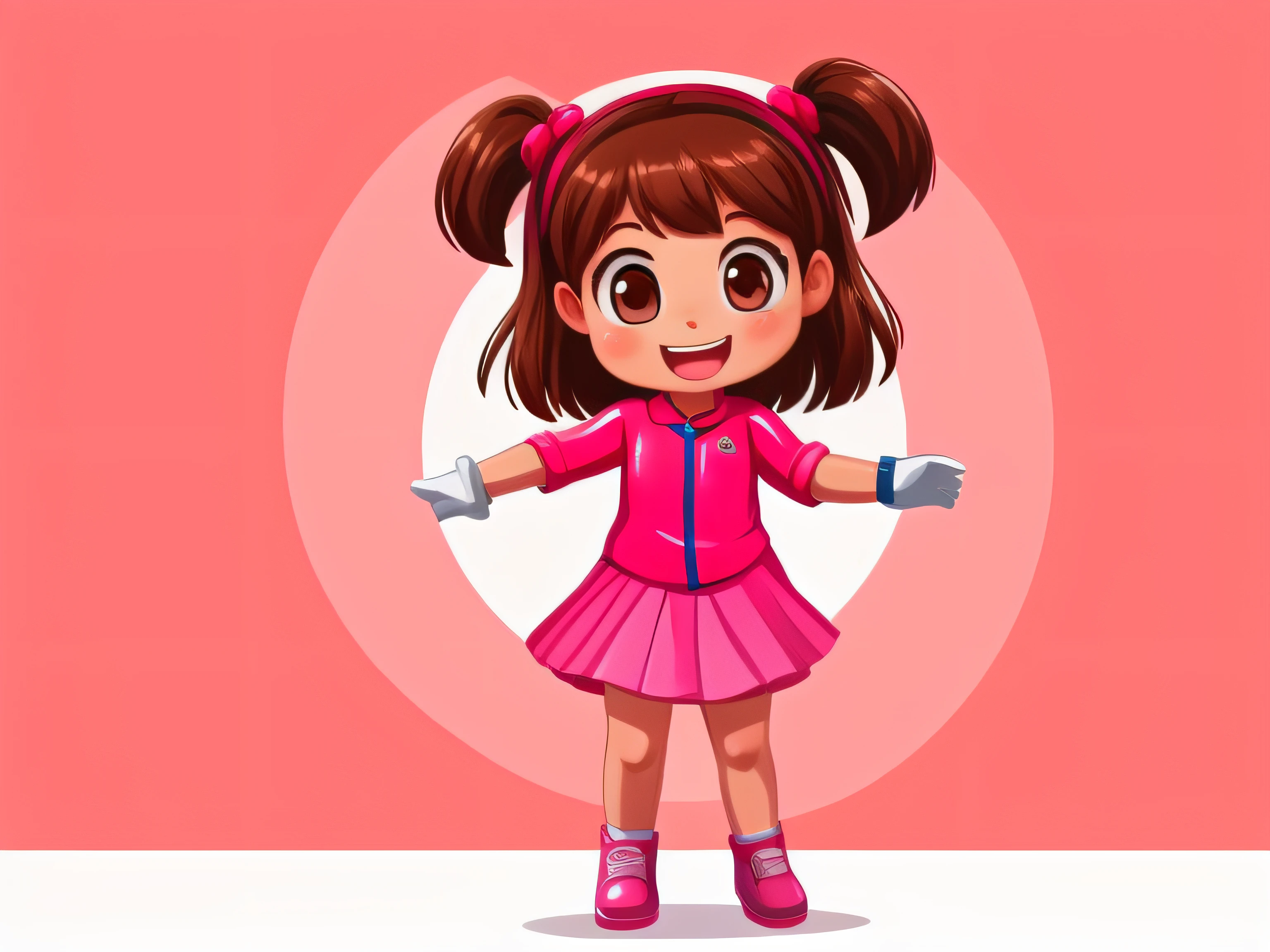 Imagem frontal de uma de 5 anos, Standing, Feliz, com cabelos castanhos, olhos castanhos, bochechas rosadas, open arms, pernas afastadas, fundo limpo, roupas cor-de-rosa, luvas brancas, sapatos rosa, 2D Children's Illustration Style.