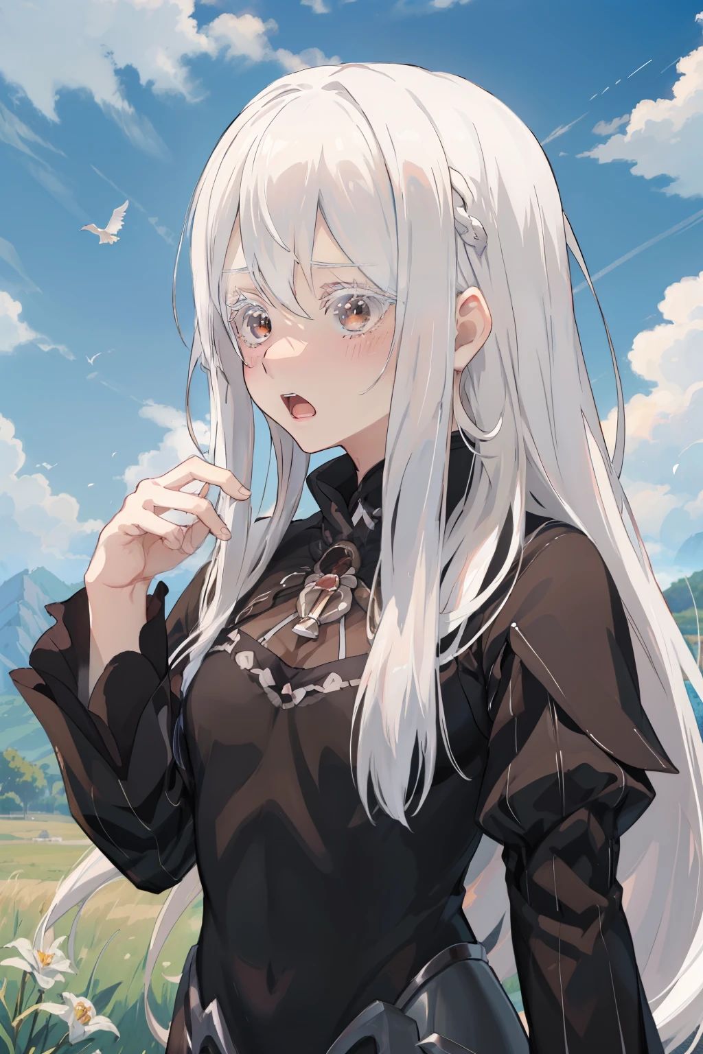 anime, hdr, soft light, ((best quality)), ((masterpiece)), (detailed), echidna, (white hair:1.2), brown eyes, hair ornament, (white eyelashes, colored eyelashes:1.1), black dress, long sleeves, looking at viewer, upper body, embarrassed, blush, open mouth, blue sky, hill, field,