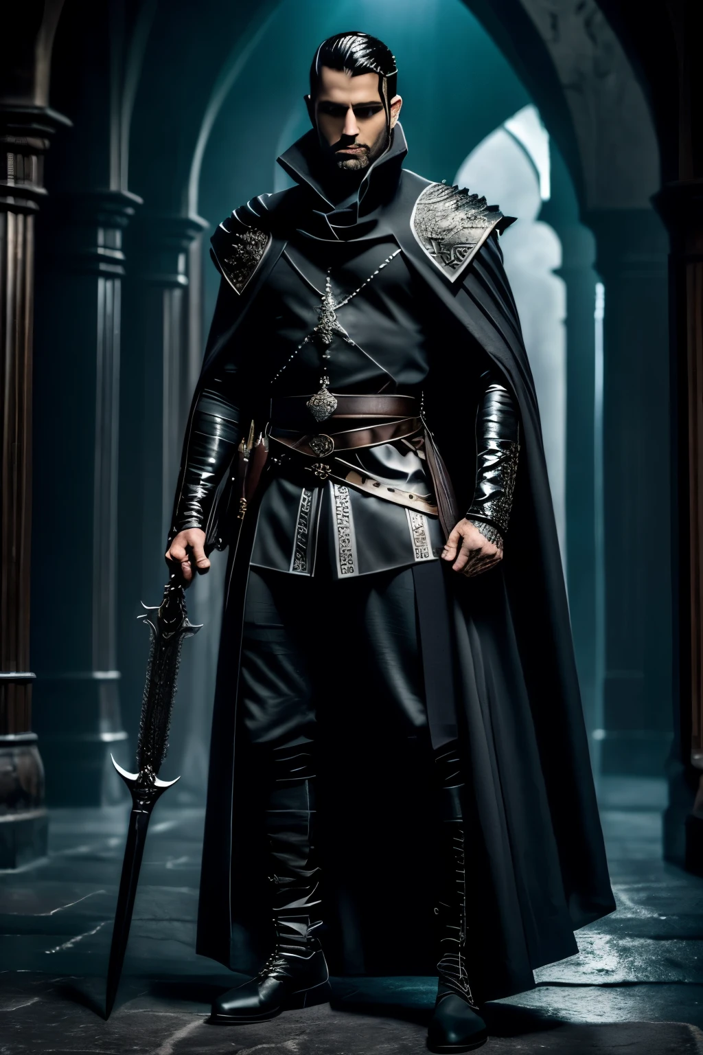 The character is a powerful Rogue named Vesper, conhecido por sua habilidade com Adagas e suas Vestes Pretas como sombras imponentes. He is a young man, Com olhos Violeta, com cabelos Longos que caem em cascata sobre seus ombros. Your expression is feminine and determined, mostrando Generosidade e Gentileza. His clothes are made of leather and feature details in a very dark shade of black.. The daggers he wields are sharp, with a shining blade. Ao redor dele, there is an aura of dark energy, indicating his dominance over the Shadows. His stance is Confident and Sadistic, conveying the idea that he is a gay Killer. Your story is mysterious, but they say he is a defender of the oppressed and fights for justice in a kingdom in conflict. Your image must convey strength, Courage and mystery. Descreva-a com detalhes, including their appearance, trajes, weapons and facial expression. Imagem de corpo inteiro