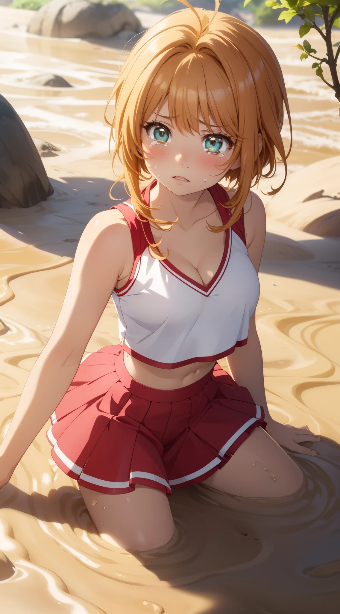 masterpiece, best quality, highres, perfect pixel, depth of field, 1girl, single, solo, beautiful anime girl, beautiful artstyle, (detailed face), (blush), anime CG style, (medium breasts), good lighting, perfect body, lips parted, (sakura kinomoto), glossy lips, cheerleader, cleavage, midriff, (tears:1.2), (quicksand:1.3)