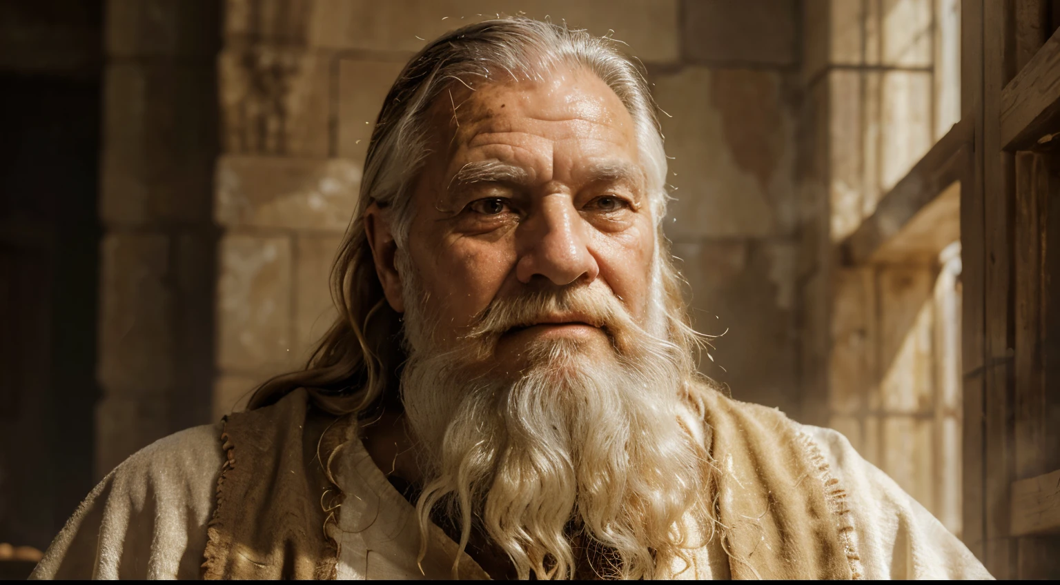 an old man from biblical times, oil painting, wise and wrinkled face, flowing white beard, worn robes, ancient surroundings, warm sunlight, rich colors. (best quality, ultra-detailed, realistic), portraits, warm and golden color tones, soft and diffused lighting.