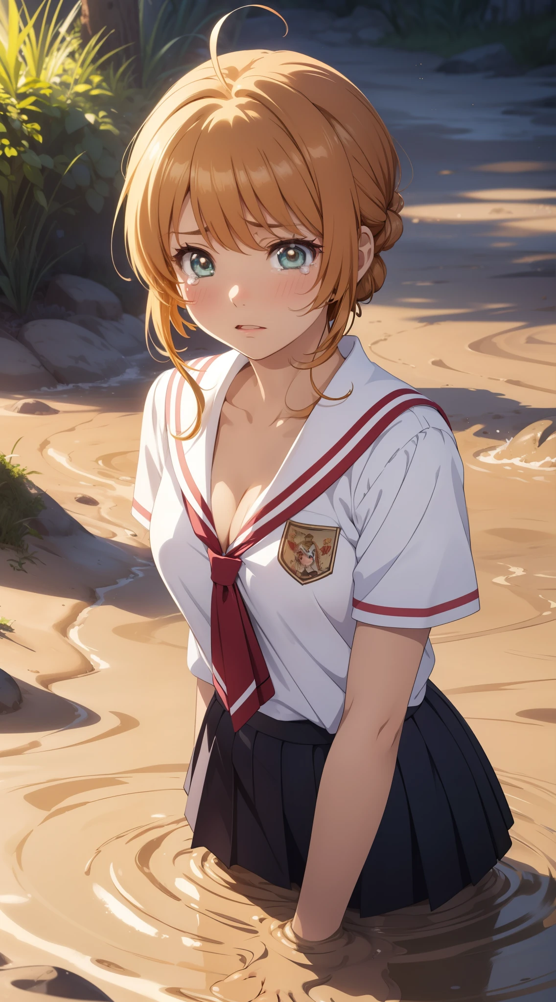 masterpiece, best quality, highres, perfect pixel, depth of field, 1girl, single, solo, beautiful anime girl, beautiful artstyle, (detailed face), (blush), anime CG style, (medium breasts), good lighting, perfect body, lips parted, (sakura kinomoto), glossy lips, school uniform, cleavage, (tears:1.2), (quicksand:1.3)