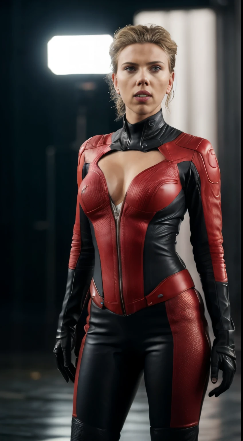 (Photograph of Scarlett Johansson), (random photo , full body shot ) (standing in the light  rain, dressed as a sexy action woman, tight leather suit,sexualized style , tall mature woman, various random  angles ), [insanely detailed skin texture, sexy attractive texture] (depth of field) (( perfect body parts, (  hyper photorealistic) , 85mm, 100mm lens, f/1.8 uplight ))