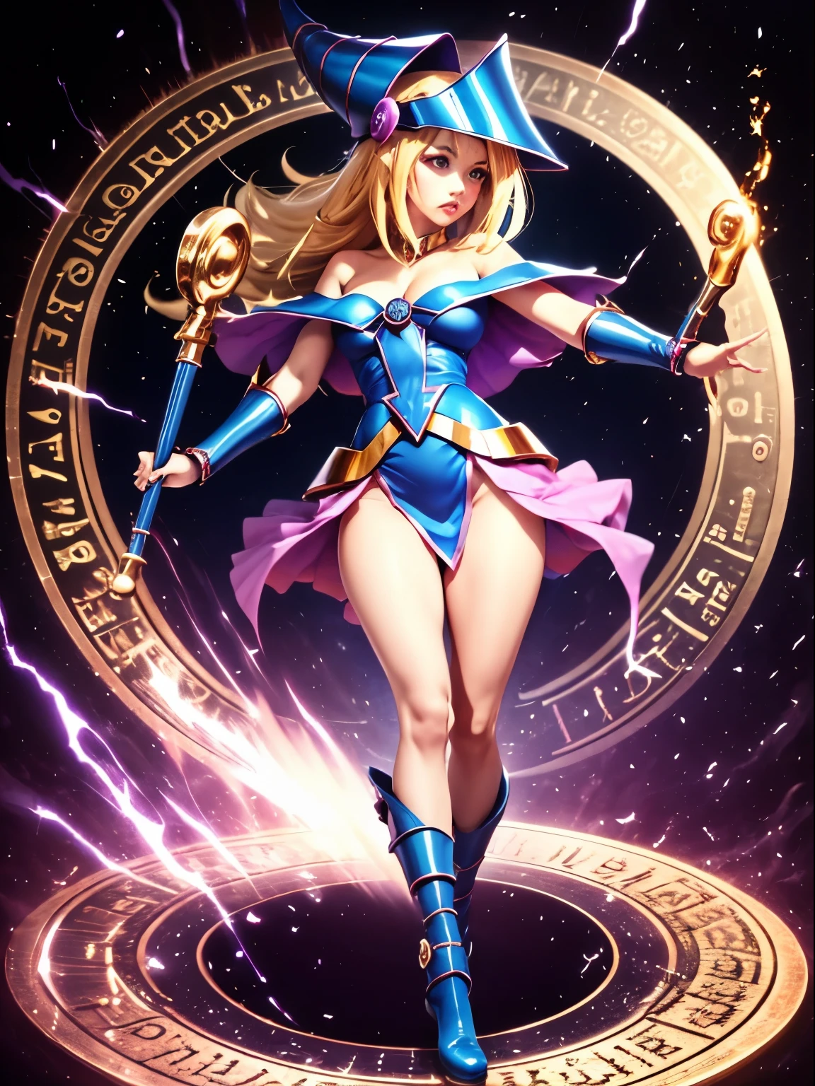 ultra-detailed, extremely detailed, masterpiece, highest quality, best quality, absurdres, highres, dark magician girl, (1girl:1.2), solo, detailed face, dynamic pose, hair flow, (full body:1.1),  blonde hair, long hair, looking at viewer, green eyes, skindentation, detailed skin, skin pores, (shiny skin, glossy skin:1.1), rosy skin details, breasts, nail polish, skirt, blue footwear, blue headwear, wizard hat, wand, holding hat, (blue panties:0.9), (summoning circle:1.1), hexagram, pentacle, pentagram, yu-gi-oh!, duel monster, purple magic field, glow, detailed background, intricate background,