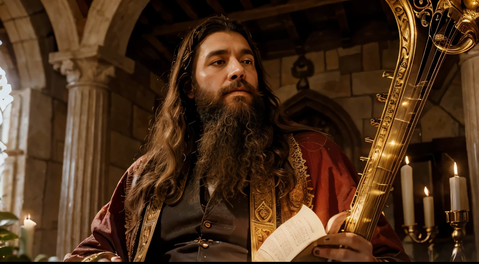 Um levita barbudo, 48 anos, Biblical time, it was biblical, [oil painting], [realistic:1.37], detailed beard, detailed robe, ancient setting, vibrant colors, warm lighting, sacred atmosphere, harp playing, surroundings filled with musical notes, tranquil expression.