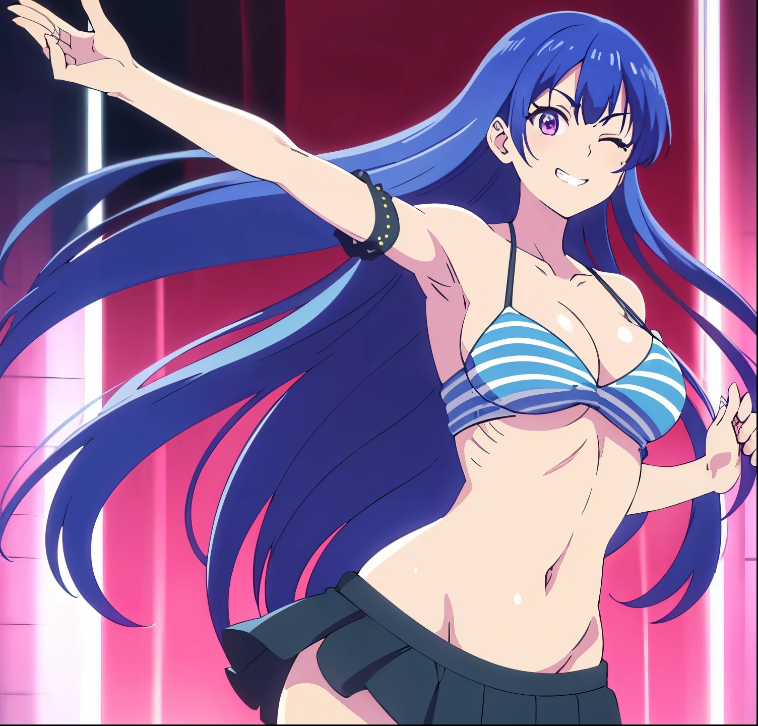 , tsuruga ami, 1girl, solo, long hair, looking at viewer, smile, skirt, large breasts, navel, cleavage, very long hair, blue hair, standing, purple eyes, collarbone, one eye closed, open clothes, midriff, striped, off shoulder, stomach, grin, arm up, v, red background, strap slip