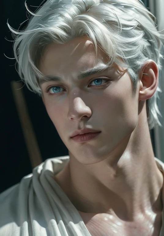 (((best quality))),(((ultra high resolution))),(((masterpiece))),((38 year old)),(photorealistic:1.4),UHD(More than half body),1man, white hair, a knight, a little stern, solo focus masculine face, vivid blue eyes, roman nose, (((large faded scar across right eye))), hyper realistic, curtain hairstyle, heroic, black armor, frost forest, realistic, dynamic pose realistic, detailed and correct facial structure, blades ornaments, johan liebert mixed with dante, handsome, attractive, slightly muscular, cinematic lighting, unreal engine, intricate details, masterpiece, best quality, by Irakli Nadar, Greg Rutkowski