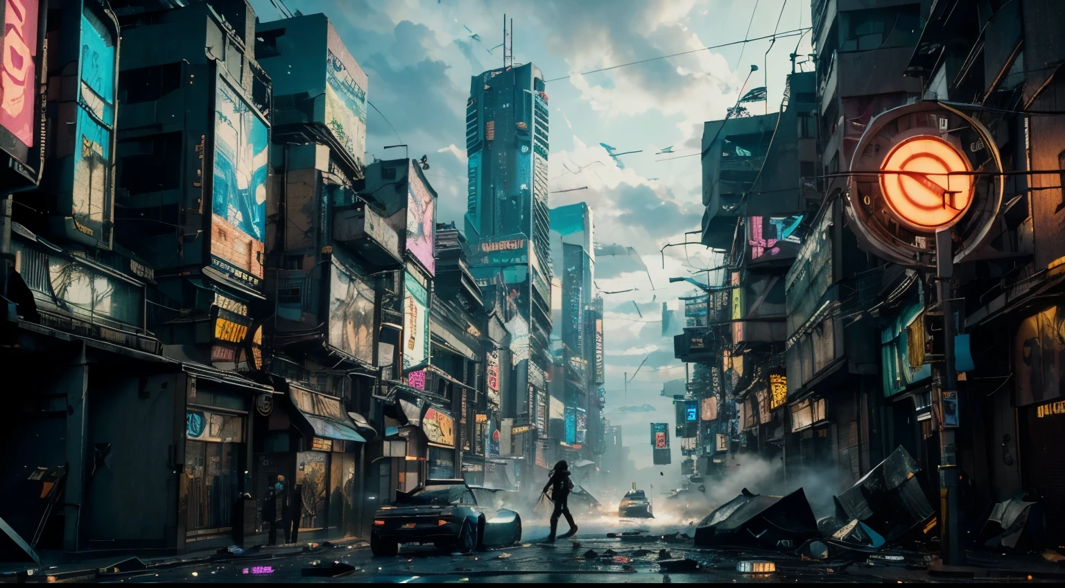 ((Epic cyberpunk)) futuristic cityscape at night, debris blowing across the street, neon billboards, (crowded street), cloudy sky with flying future cars. --AR 16:9,