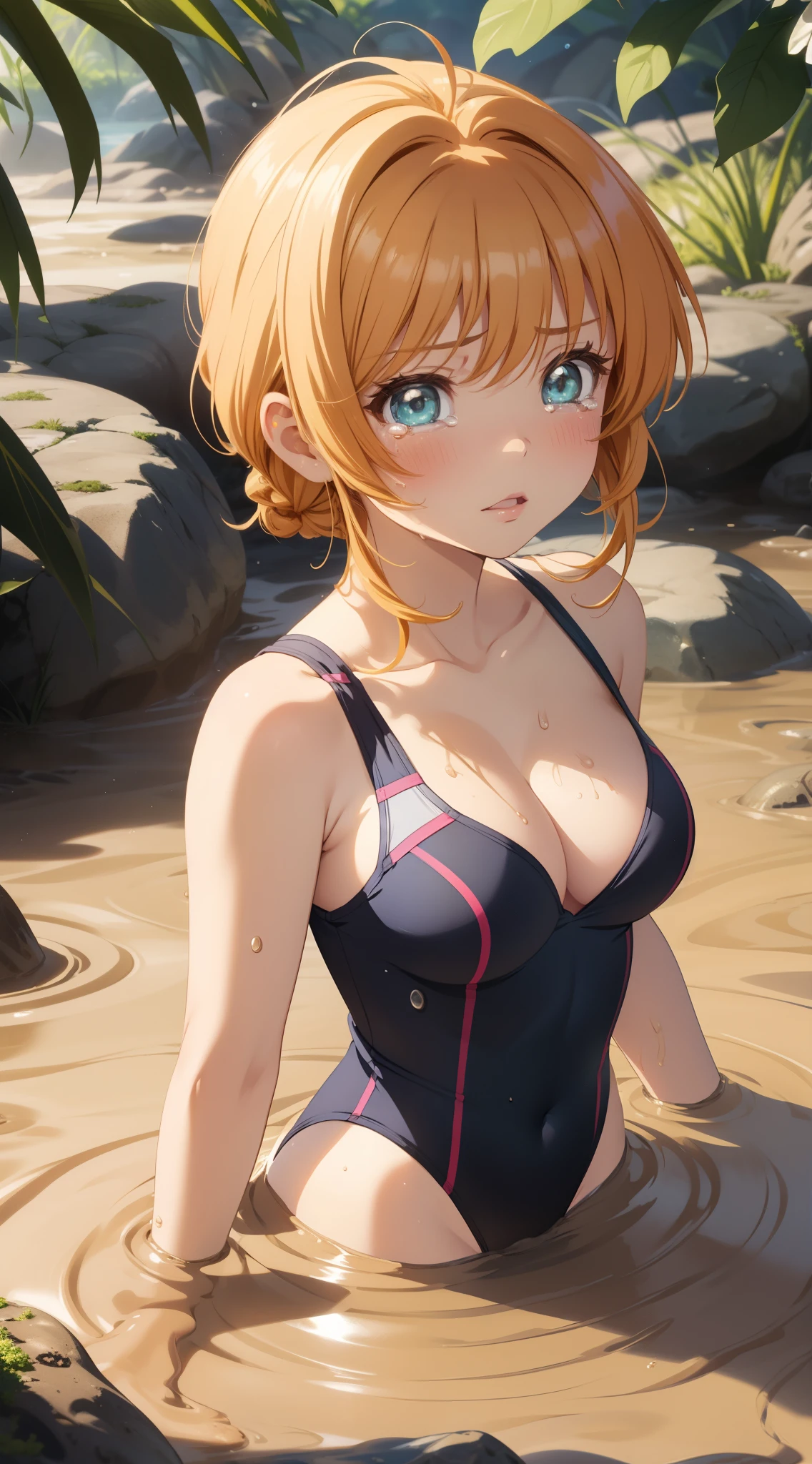 masterpiece, best quality, highres, perfect pixel, depth of field, 1girl, single, solo, beautiful anime girl, beautiful artstyle, (detailed face), (blush), anime CG style, (medium breasts), good lighting, perfect body, lips parted, (sakura kinomoto), glossy lips, swimsuit, cleavage, (tears:1.2), (quicksand:1.3), (mostly submerged)