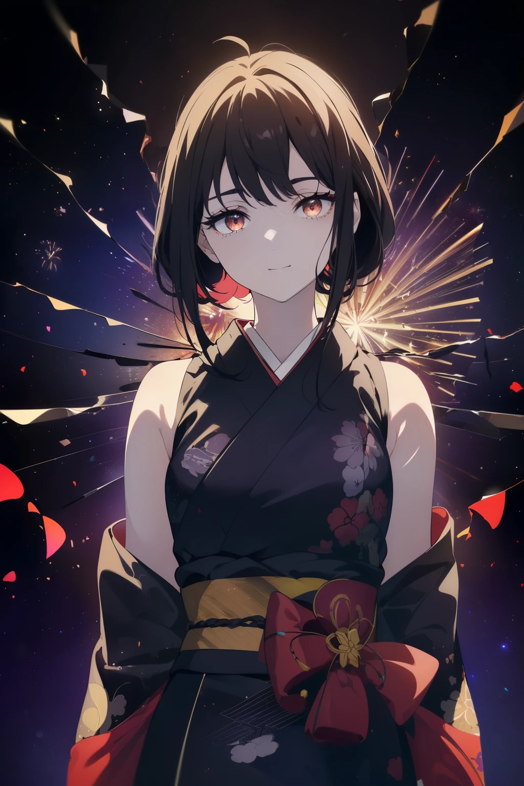 ((Obra maestra, La mejor calidad, ultrahigh resolution)), (((a girl a kimono, obsidian black hair)), shoulder length hair, pale skin, ((dark brown eyes)), glowing_eyes, ((ultra detailed eyes:0.7, beautiful and detailed face, detailed eyes:0.9)), ((centered)), ((cute smile, pretty)), facing viewer, eye level, (((wide shot, vibrant firework display in the night sky background))), ????????????, (looking at viewer), ((half closed eyes)), ((perfect hands)), (((head:1, arms, ????, elbows, in view))), ((hands behind back)), empty eyes, beautiful lighting, outside, outdoors, background, defined subject, 18 years old, (head tilt),