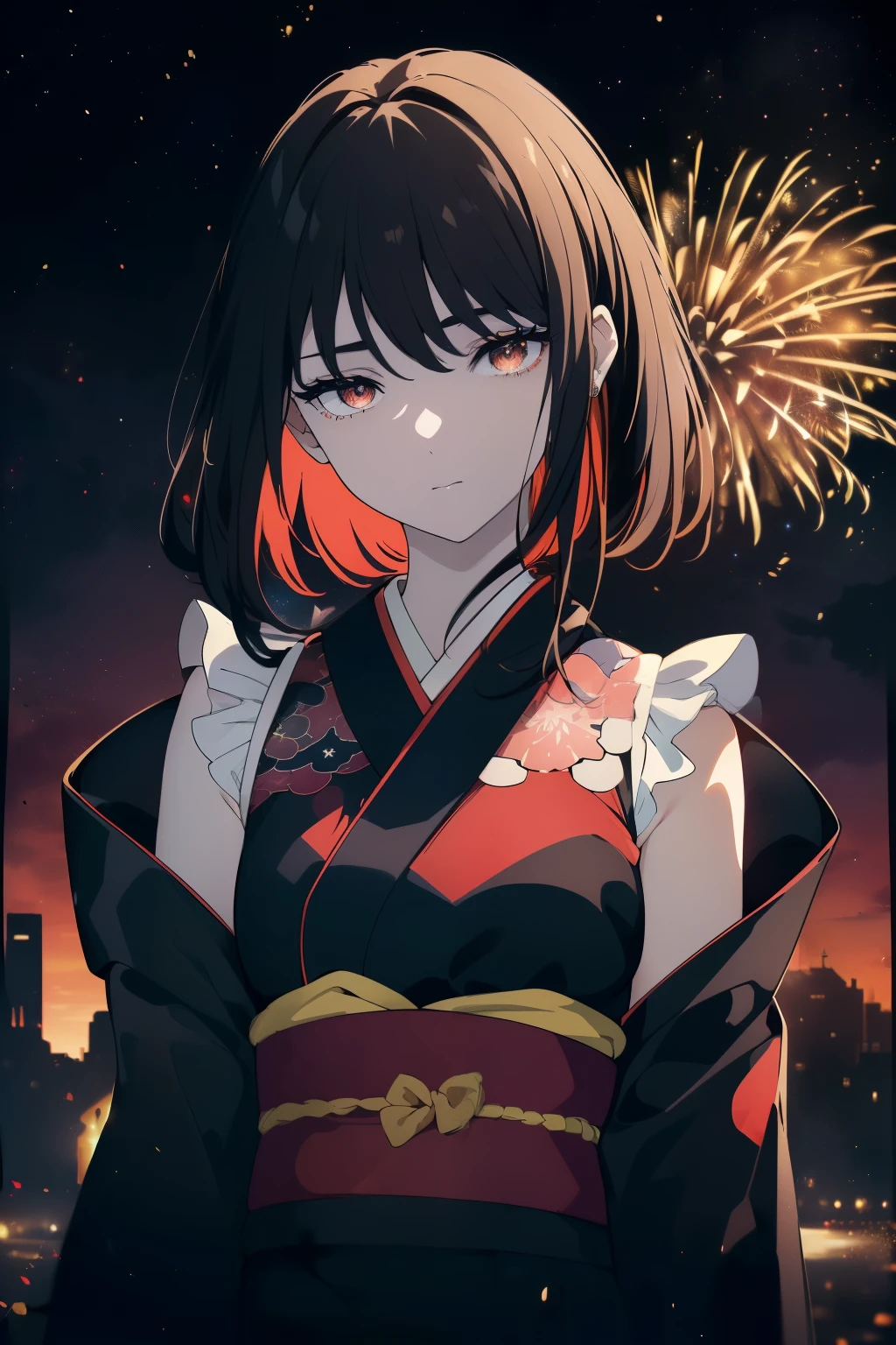 ((Obra maestra, La mejor calidad, ultrahigh resolution)), (((a girl a kimono, obsidian black hair)), shoulder length hair, pale skin, ((dark brown eyes)), glowing_eyes, ((ultra detailed eyes:0.7, beautiful and detailed face, detailed eyes:0.9)), ((centered)), ((pretty)), facing viewer, eye level, (((wide shot, vibrant firework display in the night sky background))), flat chested, (looking at viewer), ((half closed eyes)), ((perfect hands)), (((head:1, arms, hips, elbows, in view))), ((hands behind back)), empty eyes, beautiful lighting, outside, outdoors, background, defined subject, 18 years old, (head tilt),