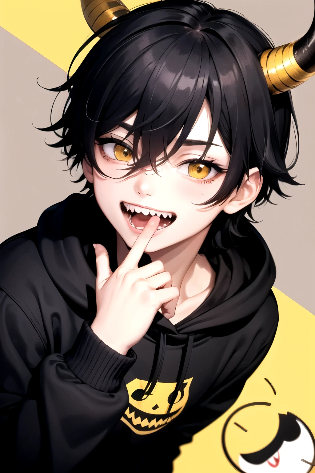 A boy with black hair and bangs between his eyes, with a psychopathic smile on his face, yellow eyes, sharp teeth, with horns, in a black sweatshirt with a drawing of a yellow smiley face in the middle, looking at the viewer, on a gray background blurred.