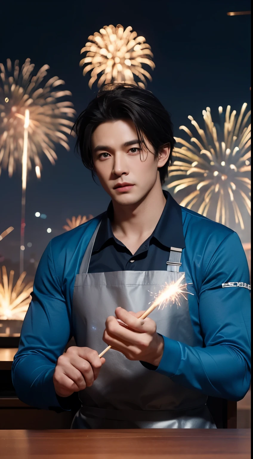 a handsome,Costume blue clothes,The word "God of Cookery" on the head,and halo,Two-dimensional animation modeling,background fireworks