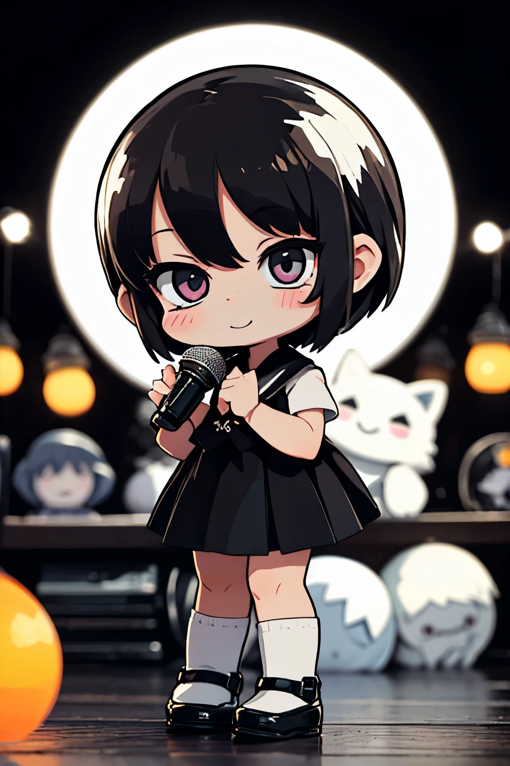 ((Monochrome Art、white and black))、 (Dynamic Pose), (The background is ruins:1.1）、Place one small doll on a circular stand、kawaii pose、A smile、A dark-haired、Chibi Doll、Stars in the eyes（kirakira）、Singing with microphone in hand、Eye Up、Laugh、Cute shoes、Ultra Detail, radiant light、bio luminescent、Stronger bokeh effect、Taken from the side