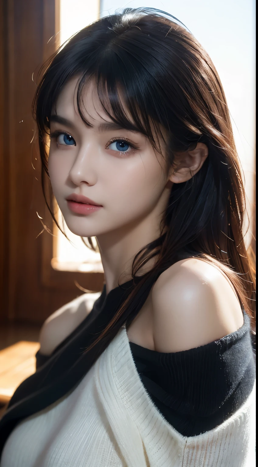 ultra high res, masterpiece, best quality, perfect glossy shiny skins, perfect lighting, detailed lighting, dramatic shadows, ray tracing, black sweater, looking at viewer, off shoulder, blue Eyes, sharp face, sharp eyes, long bangs, open mouse, ((Dark background))