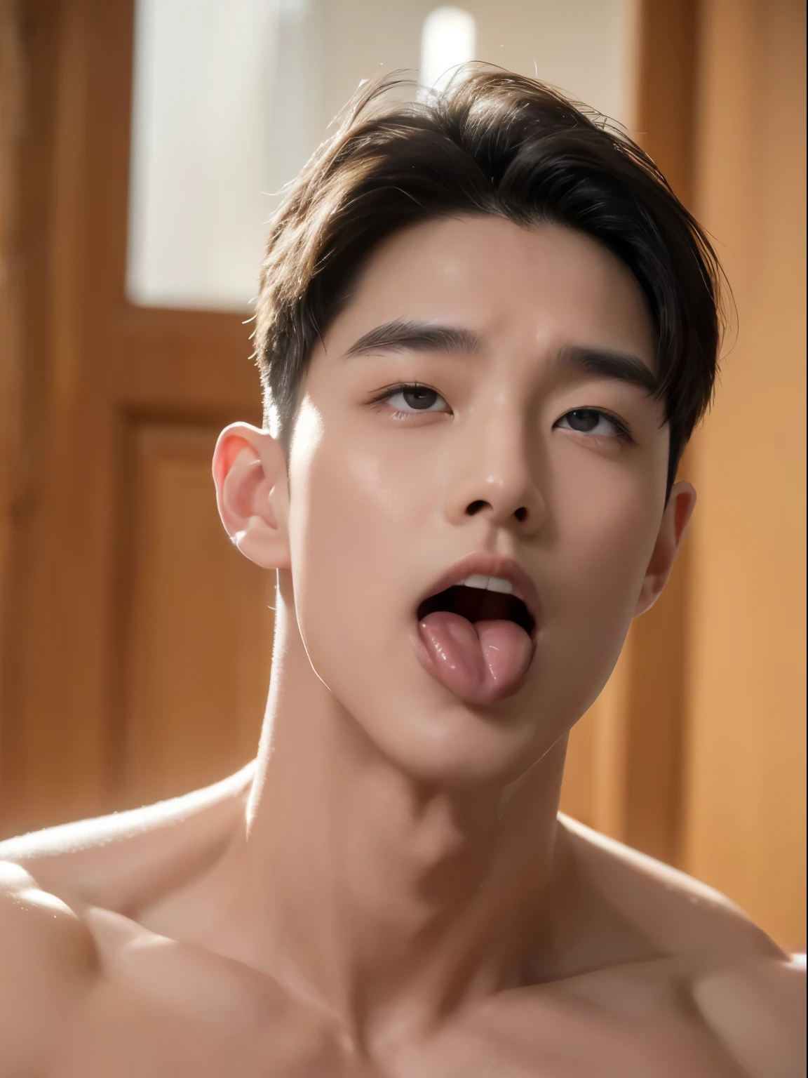 Ultra photorealistic, 20 year old, handsome model, Korean man, nude, on top of the bed, penis, penis on his face, Top view, expression of ecstasy/orgasmic, cumshot, cum on chest and face