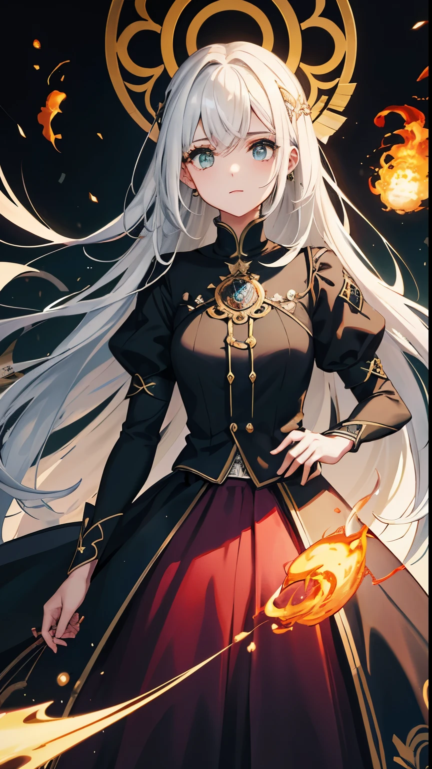 obra-prima: 1.2), melhor qualidade, PIXIV, arcana, arcana, solo, cabelo vermelho, cabelo branco, poder de fogo, cabelo longo, Dragonfire, Spirit, croptop, capa, lina, capa, 1girl, vestido longo, de baixo tiro, menina olhar para baixo, bruxa, invocadores, necr