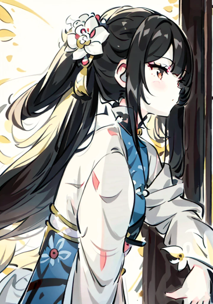 Anime girl with long black hair and white flowers in her hair, palatial palace ， a girl in hanfu, keqing from genshin impact, heise jinyao, zhongli from genshin impact, Ayaka Genshin Impact, portrait onmyoji, Inspired by Shihaku, Inspired by Lee Tan, inspired by Zhao Yuan