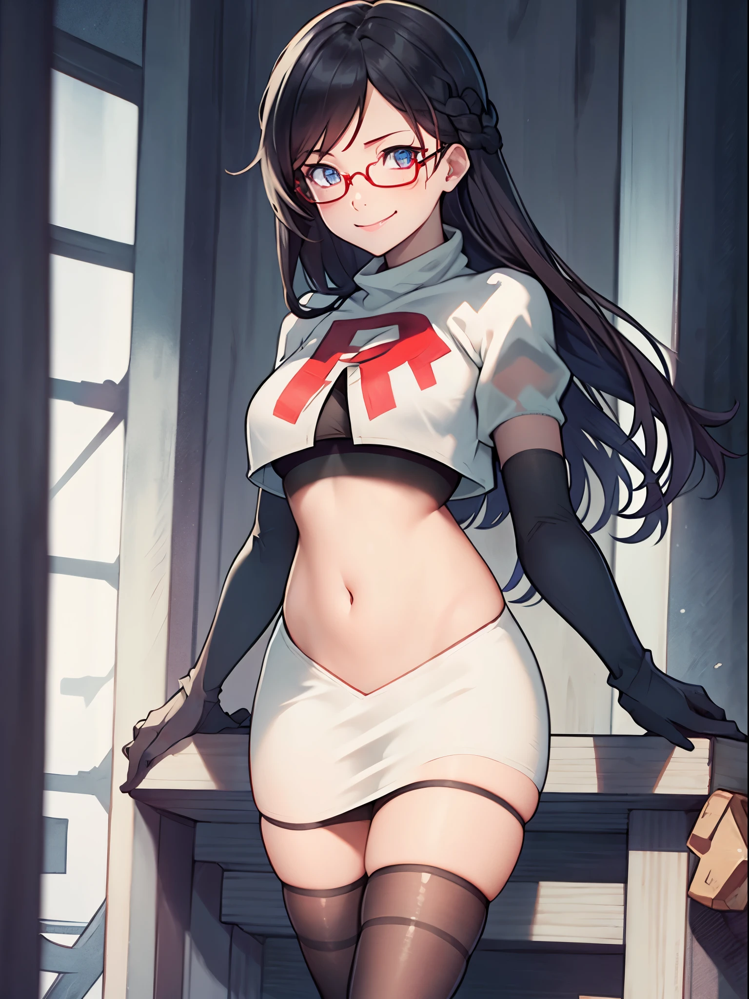 Gneisenau (Azur Lane), glasses,beautiful detailed eyes, periwinkle hair, long hair, team rocket,team rocket uniform, red letter R, white skirt,white crop top,black thigh-highs,black elbow gloves, sinister smile