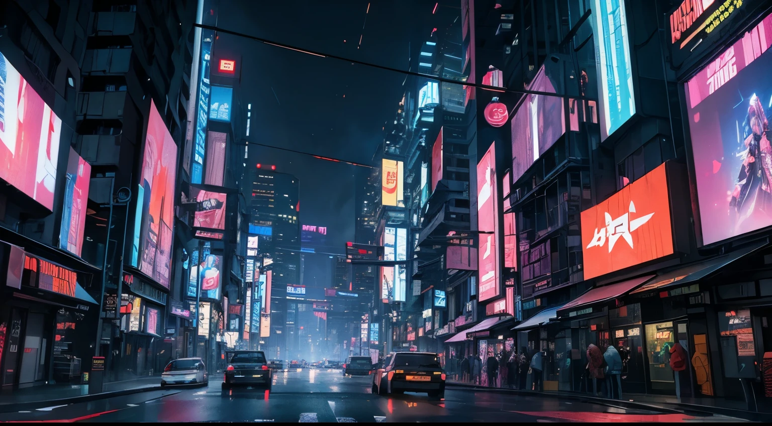((Epic cyberpunk)) futuristic cityscape at night, debris blowing across the street, neon billboards, (crowded street), cloudy sky with flying future cars. --AR 16:9,