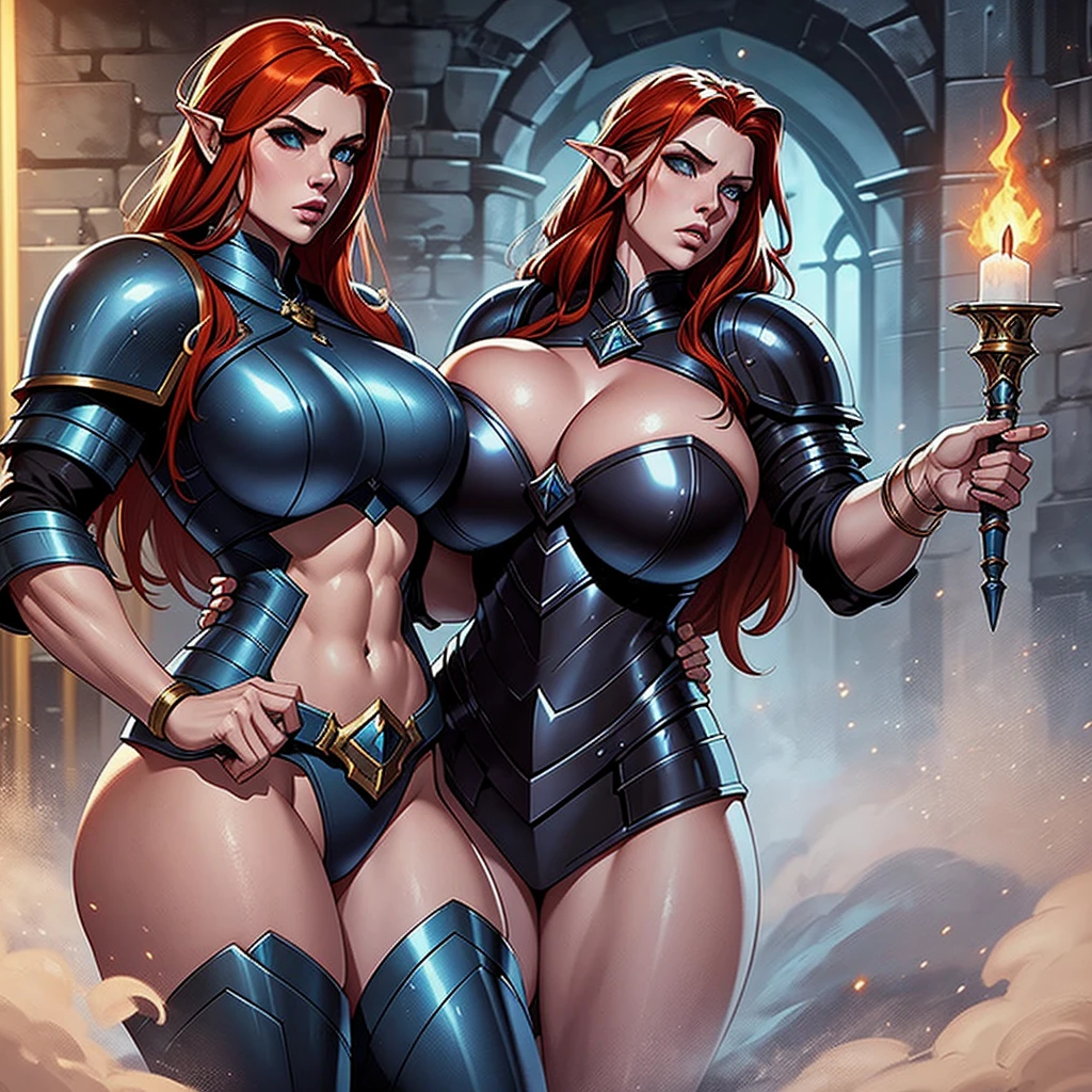 Curvy cleric of storms,cleric dark blue heavy armor,high elf,hot,muscular body,atletic,badass,kind,gracefull,beautiful,ginger hair,pale skin,female character