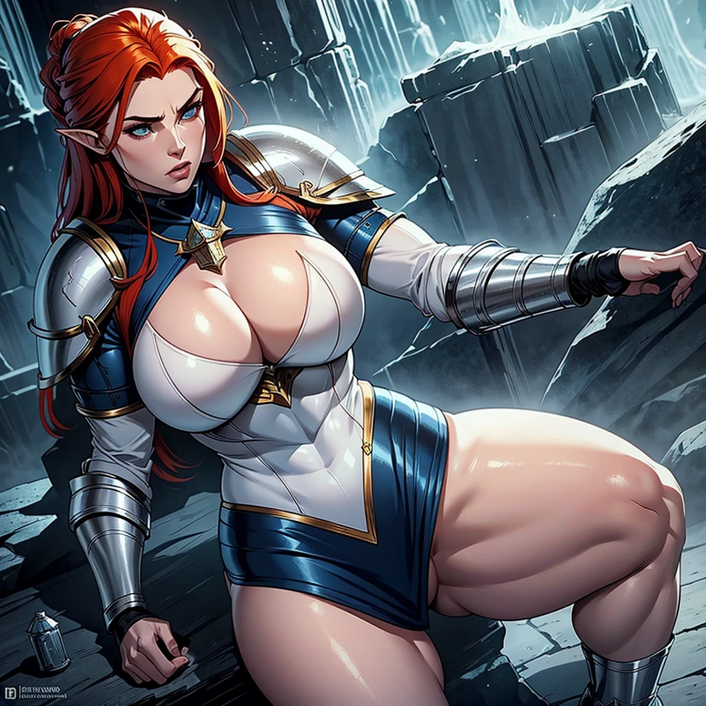 Curvy cleric of storms,cleric dark blue heavy armor,high elf,hot,muscular body,atletic,badass,kind,gracefull,beautiful,ginger hair,pale skin,female character