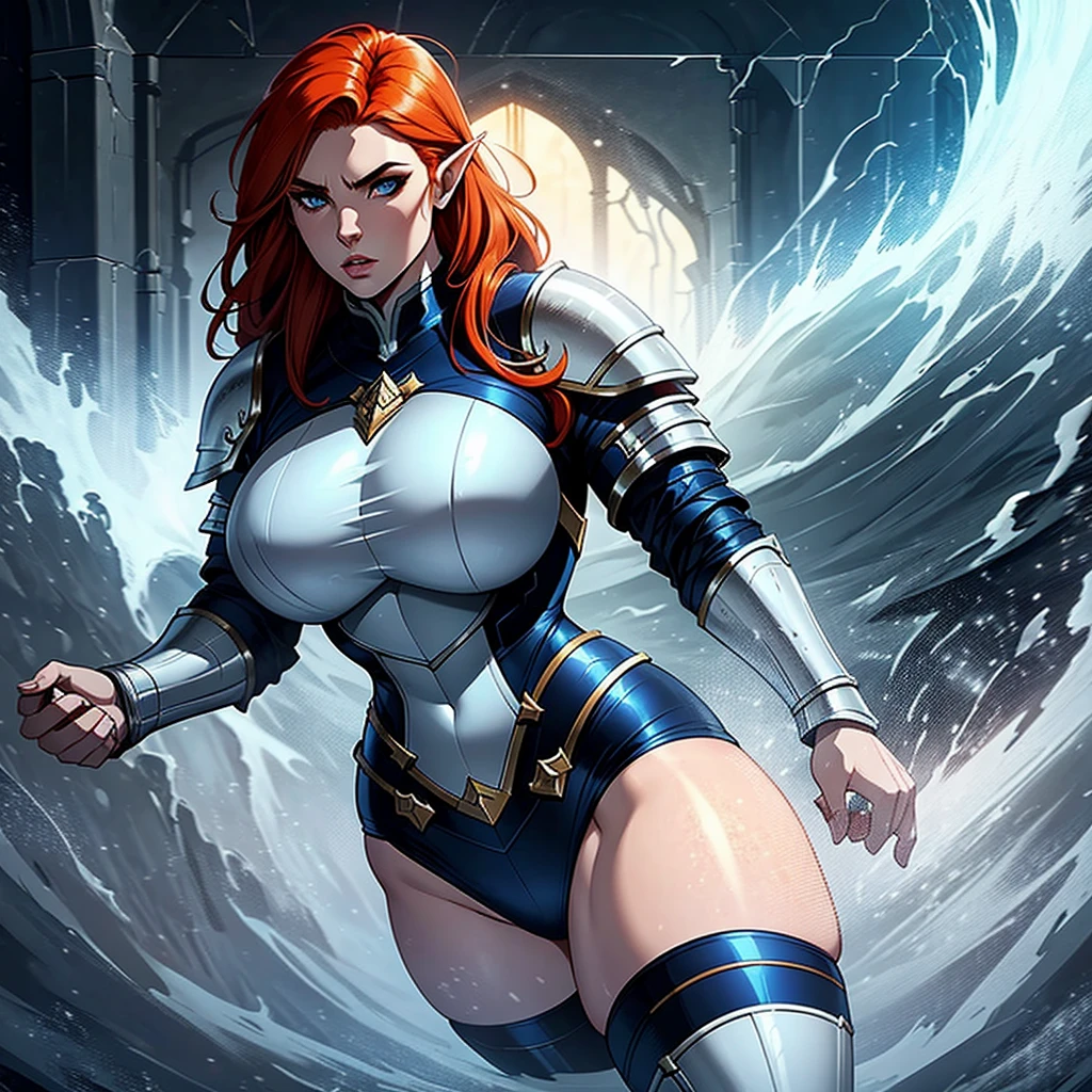 Curvy cleric of storms,cleric dark blue heavy armor,high elf,hot,muscular body,atletic,badass,kind,gracefull,beautiful,ginger hair,pale skin,female character