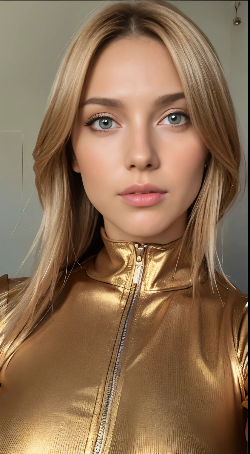 Detailed texture of the face and skin, beautiful woman, cheveux moyens blonds, catsuit