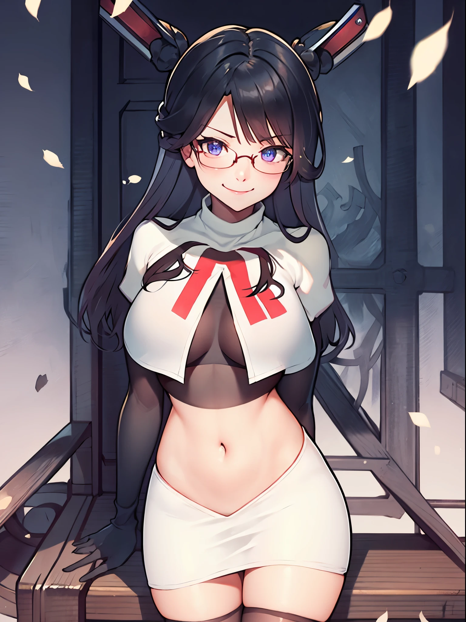 Gneisenau (Azur Lane), glasses,beautiful detailed eyes, periwinkle hair, long hair, team rocket,team rocket uniform, red letter R, white skirt,white crop top,black thigh-highs,black elbow gloves, sinister smile