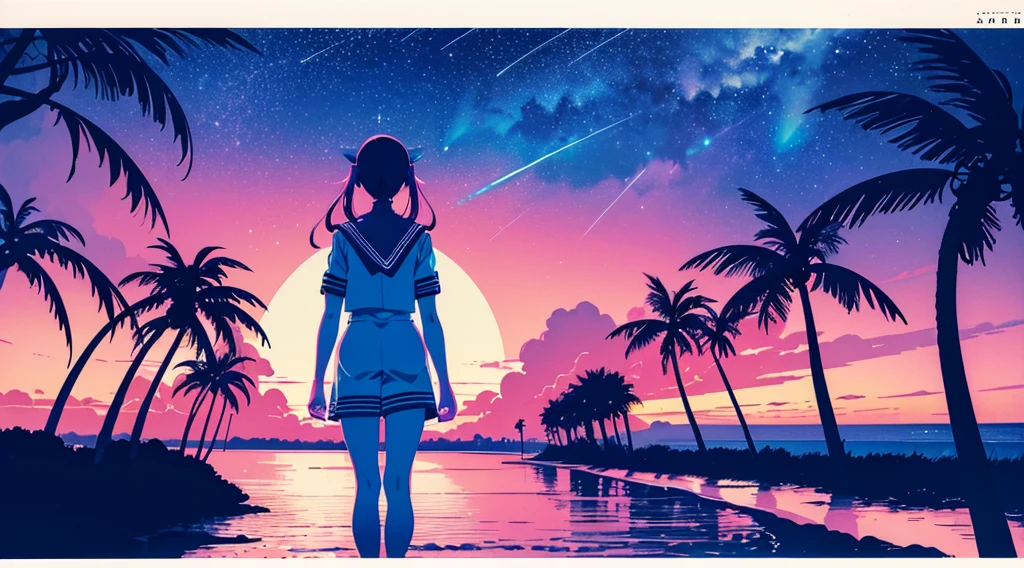 (back view of girl, sailor suit, kawaii), (cyberpunk road by the sea, pink glowing road, starry blue sky, big moon, palm trees), (low contrast, flat color, limited palette)
