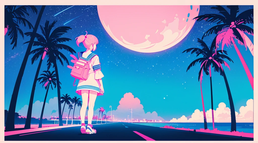 (back view of girl, sailor suit, kawaii), (cyberpunk road by the sea, pink glowing road, starry blue sky, big moon, palm trees), (low contrast, flat color, limited palette)