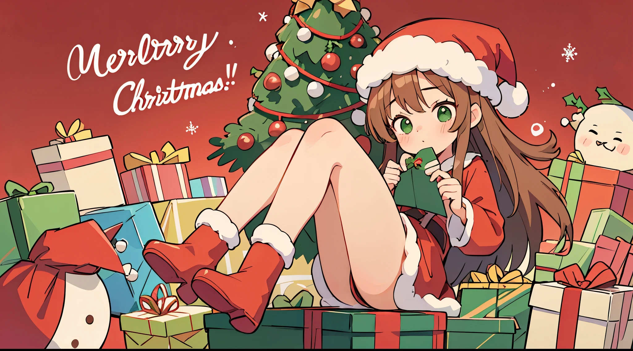 The upper part of the body、Christmas、(Christmas、1girl in、cute little、)Santa's Hat、Santa's Clothes、onepiece、Long、long bootrown long boots、present、brown long hair、Green eyeasterpiece、8K、The upper part of the body、)((The letters Merry Christmaackground