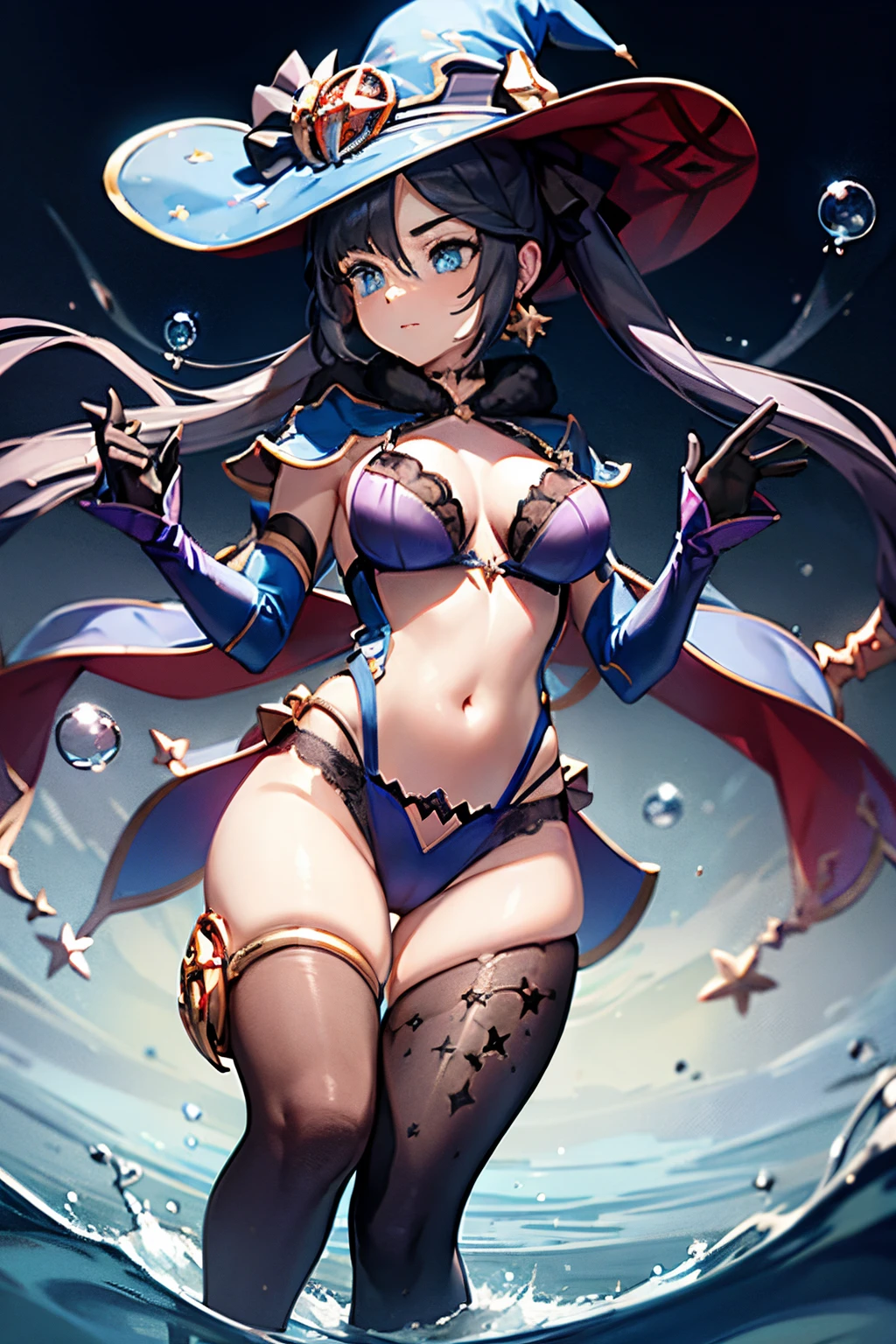 magic, hat, fantasy, casting a spell, from below, lingerie, blue magic circles, see-through lace bra and panties, floating water balls, butt
